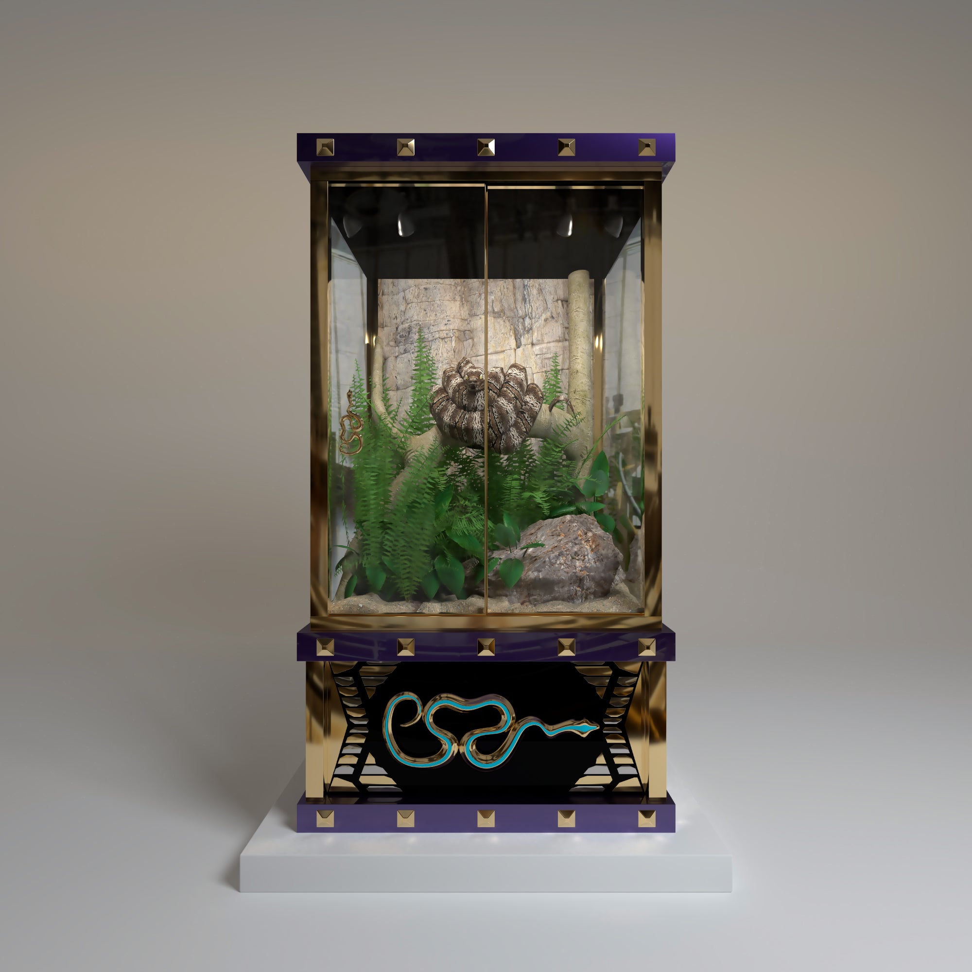 The elegant glass vivarium by FUROAR featuring a gold snake emblem and purple panels.