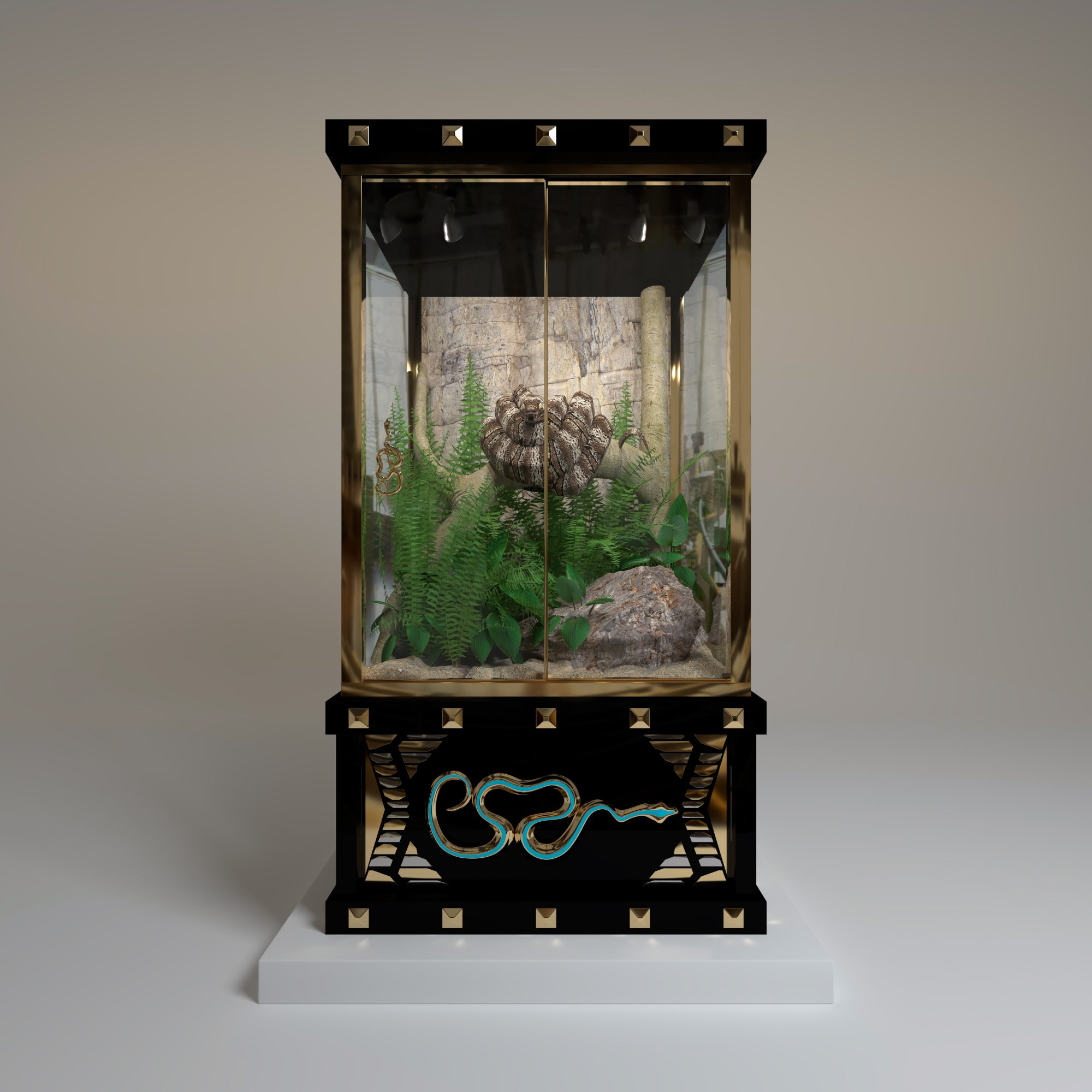 Front view of the luxury black and gold FUROAR Serpent Queen snake terrarium.