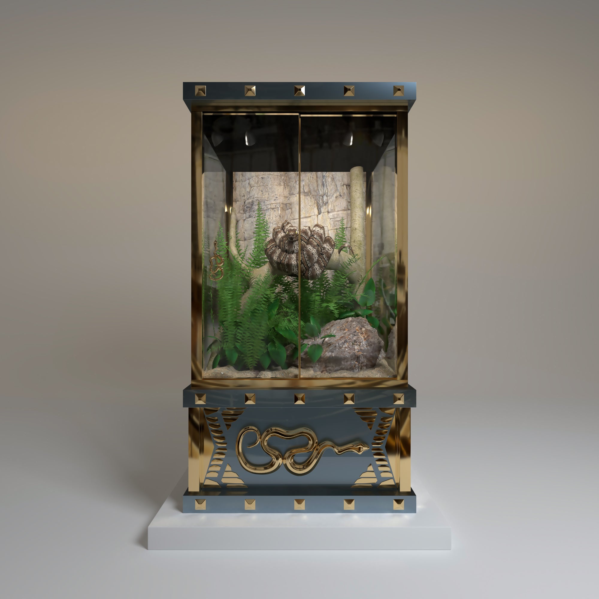 The elegant Sovereign vivarium by FUROAR featuring a gold snake emblem and gray panels.