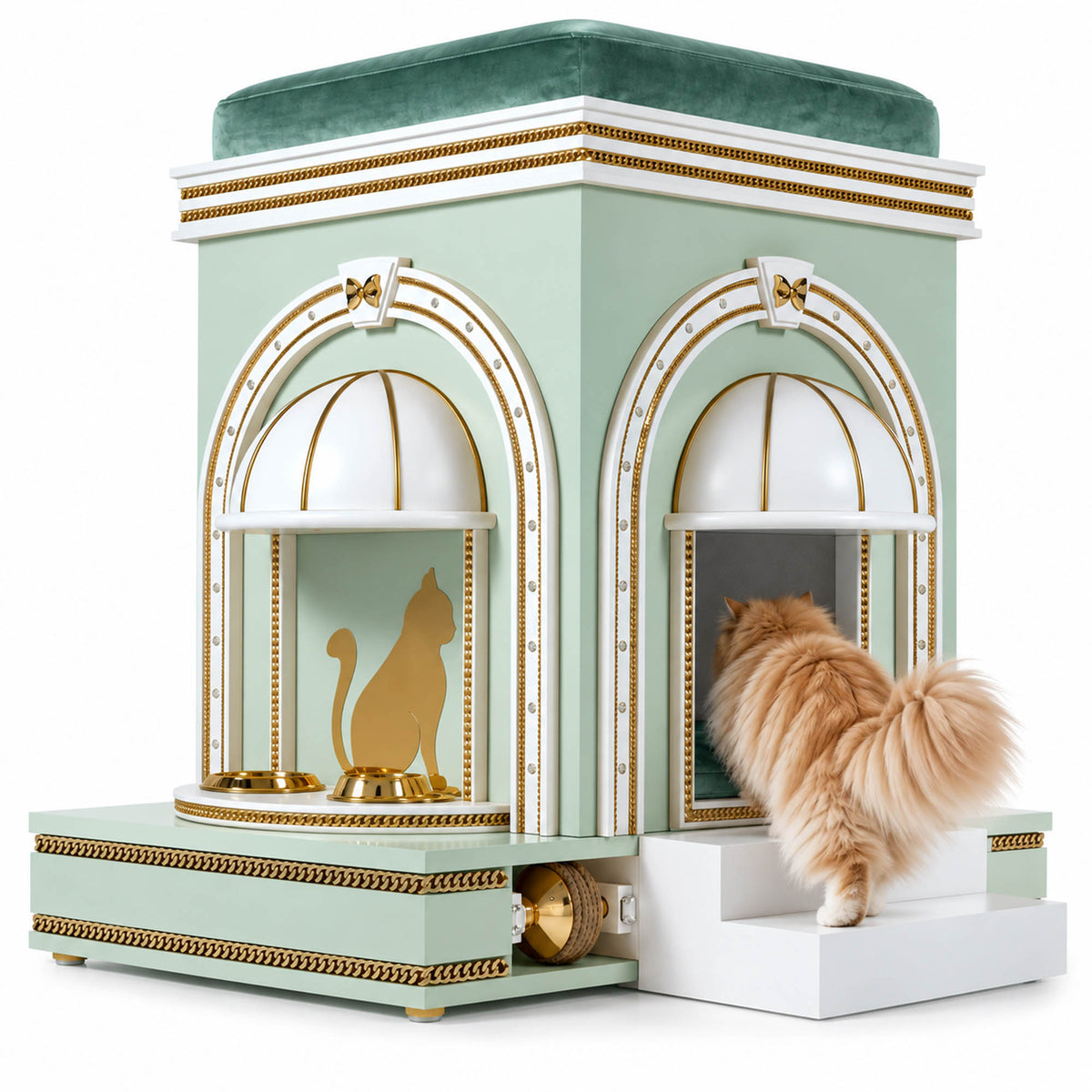 A decorative cat house with a pale mint green and white exterior, gold trim, a green velvet top, two arched display windows, a gold cat silhouette, two bowls, and a white pull-out cat bed on the right. A fluffy orange cat is standing inside the bed, photographed on a clean white background.
