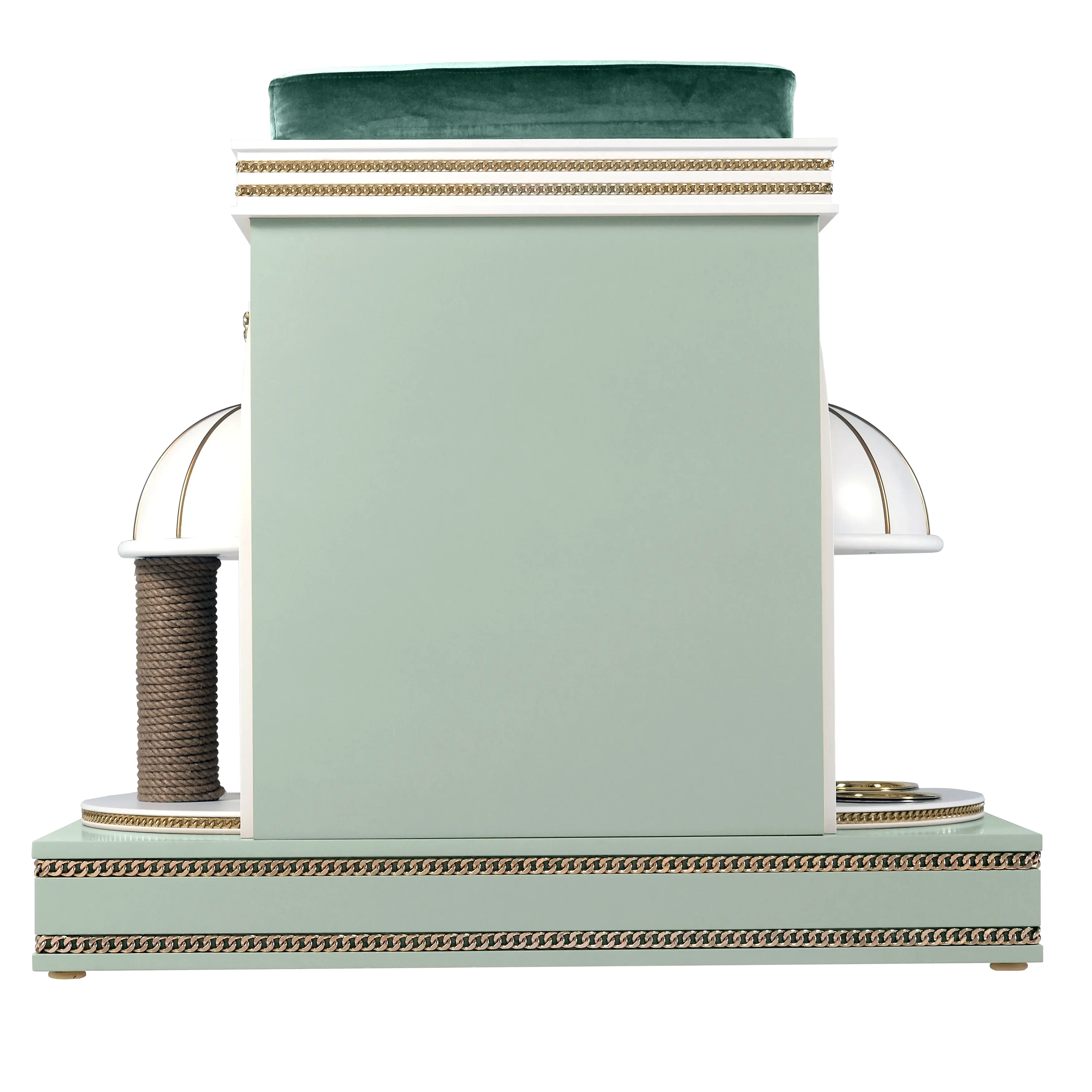 "Rear view of the ASTOR architectural pet mansion, showcasing unique leg support and the flawless balance of refined modern elegance."