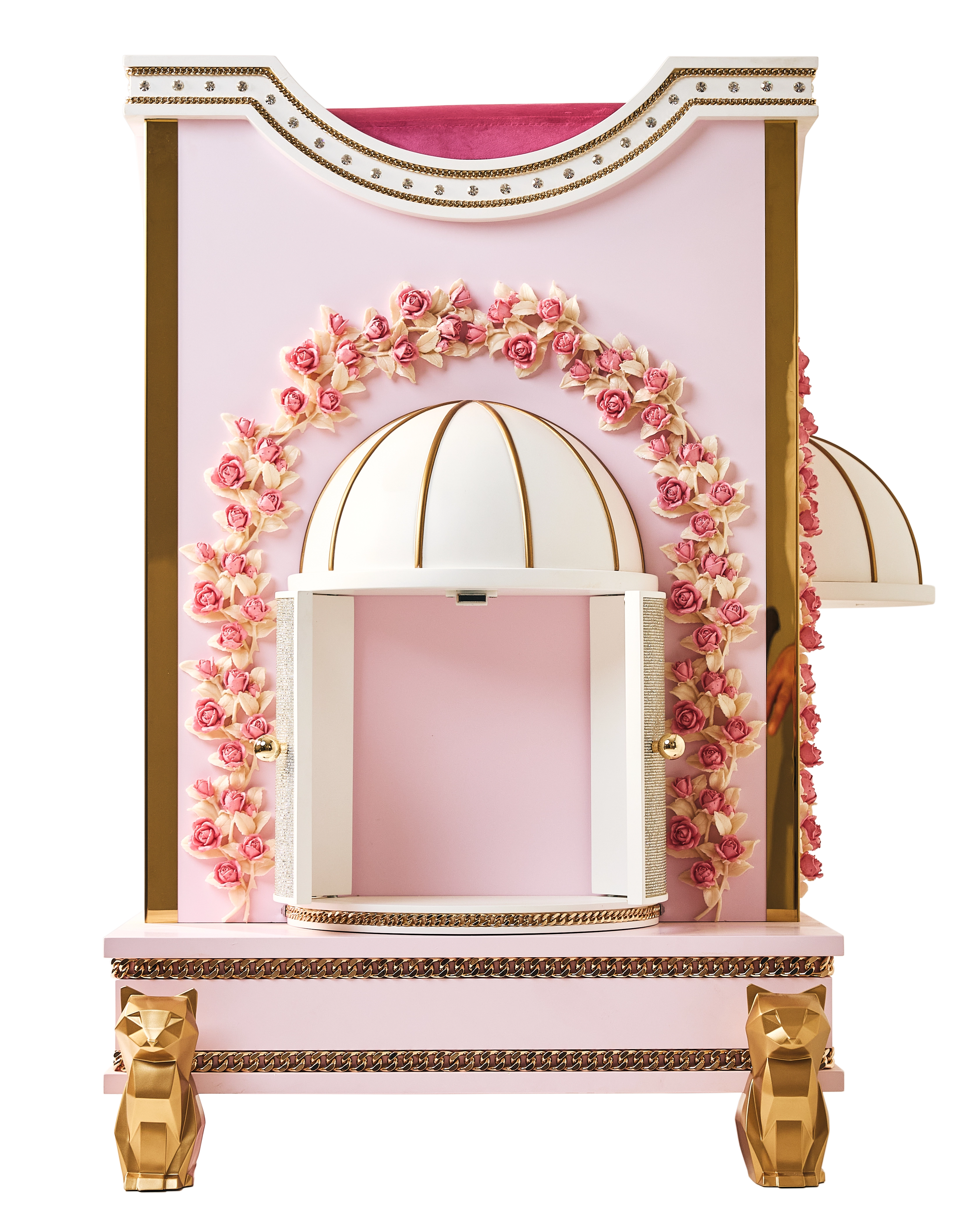 Close-up of the FUROAR Bella luxury cat villa side compartment with open mesh double doors under a white domed canopy with gold ribs.