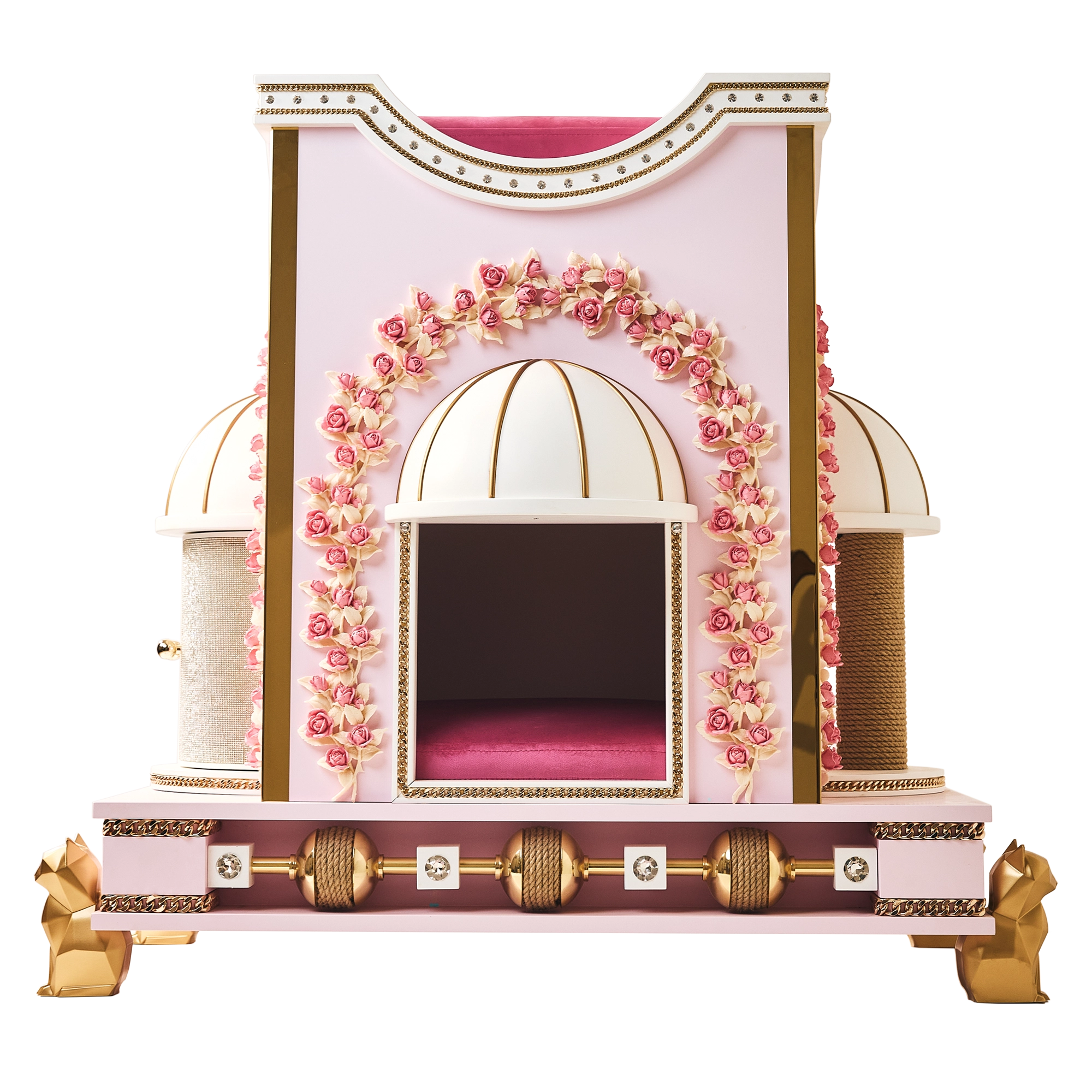 Front view of the FUROAR Bella luxury pink cat house, featuring built-in scratching posts, a rose garland arch, and a base with gold abacus-style spinning rollers.