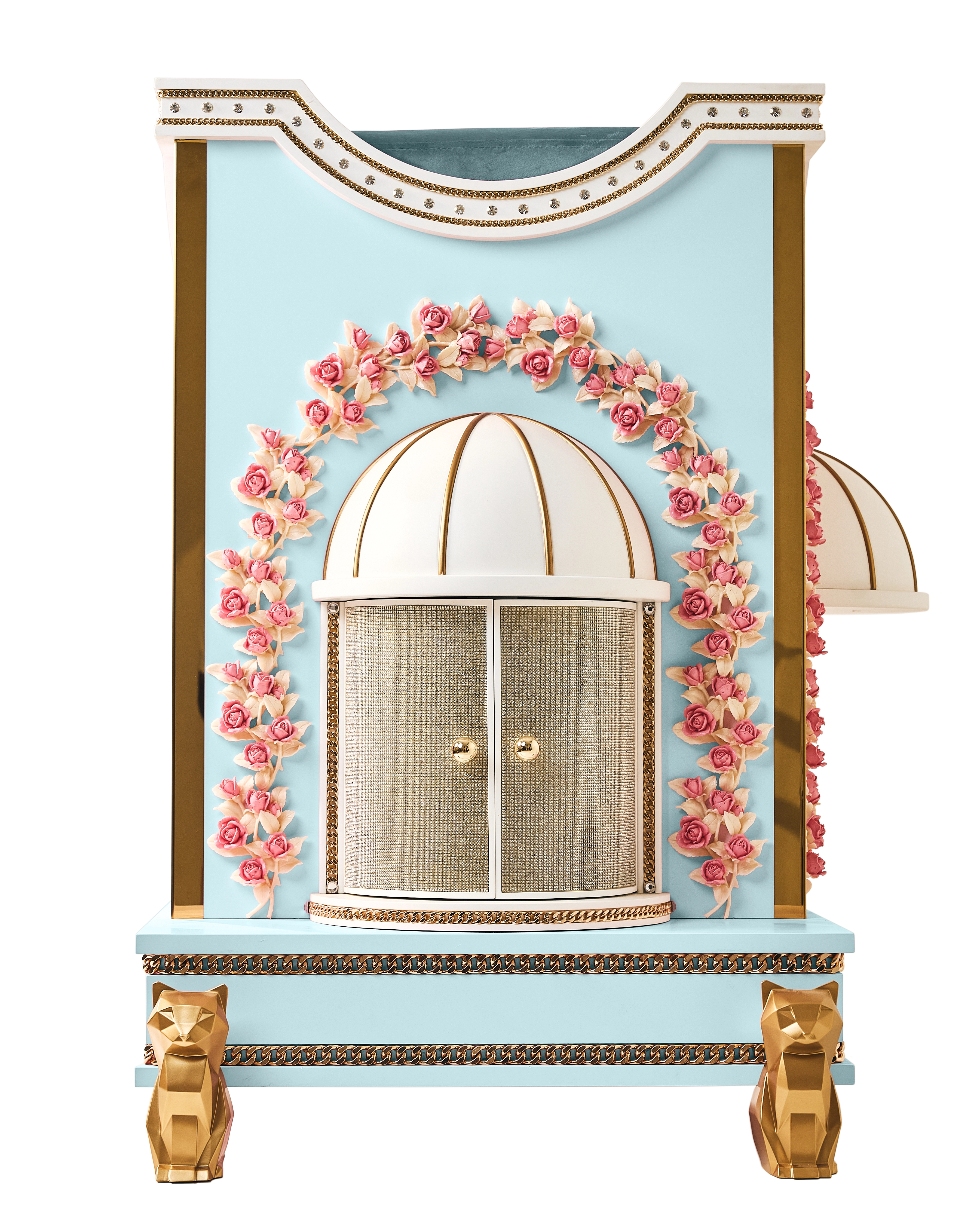 Symmetrical facade of the light blue FUROAR custom pet castle showcasing integrated Crystal mesh doors and decorative pink rose crown trim.
