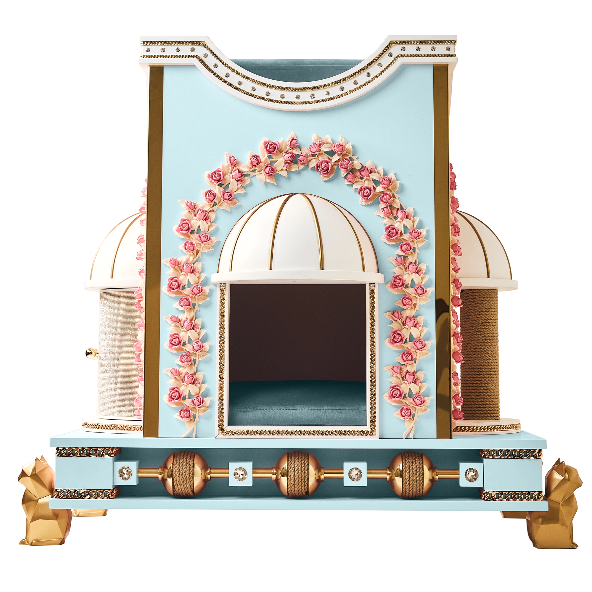 Front view of the FUROAR luxury light blue cat house, featuring an open arched entry, a pink rose garland arch, gold pillars, and geometric gold cat feet.