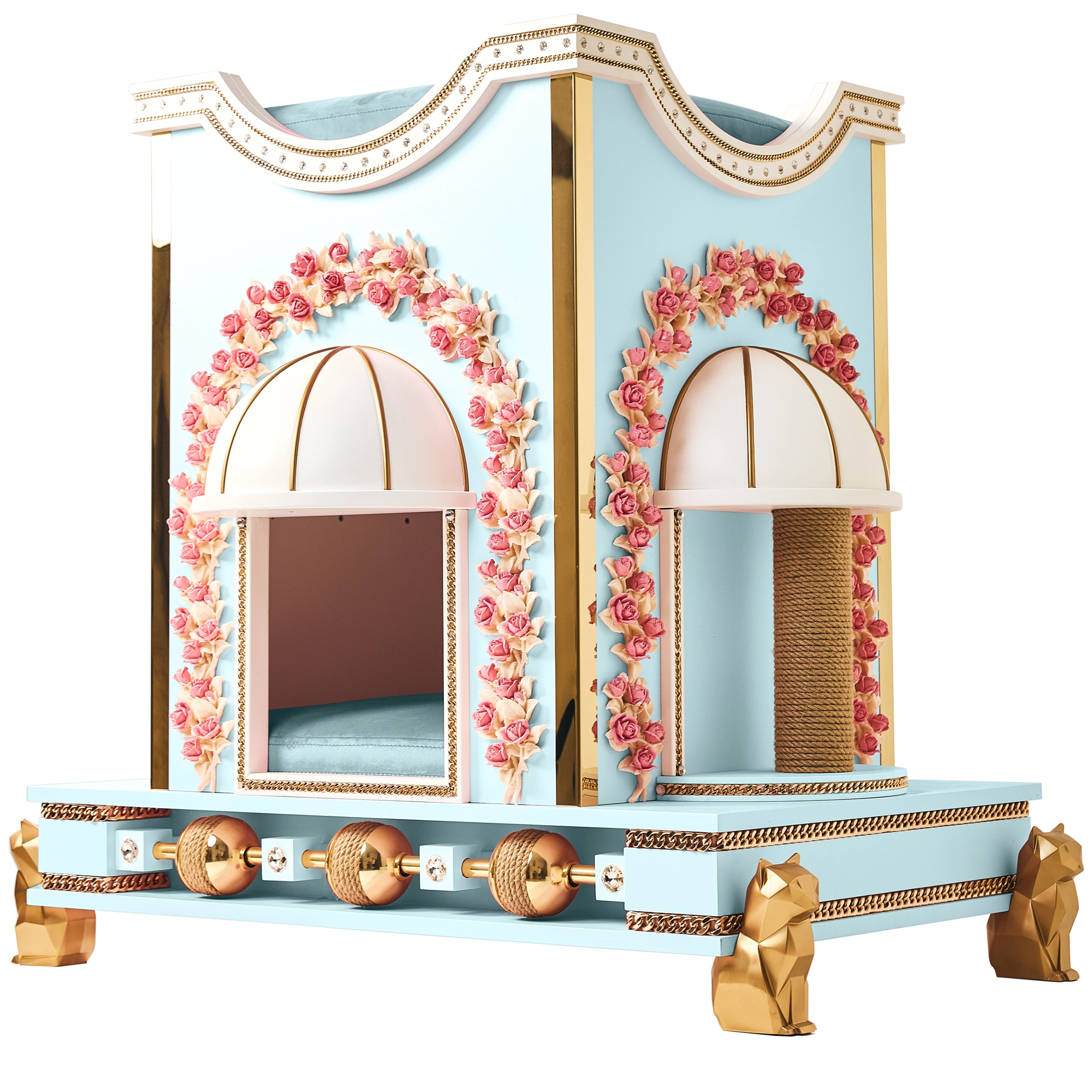 Three-quarter angle of the FUROAR luxury light blue cat villa, showcasing the main entry lounge and a connecting side scratching post section.