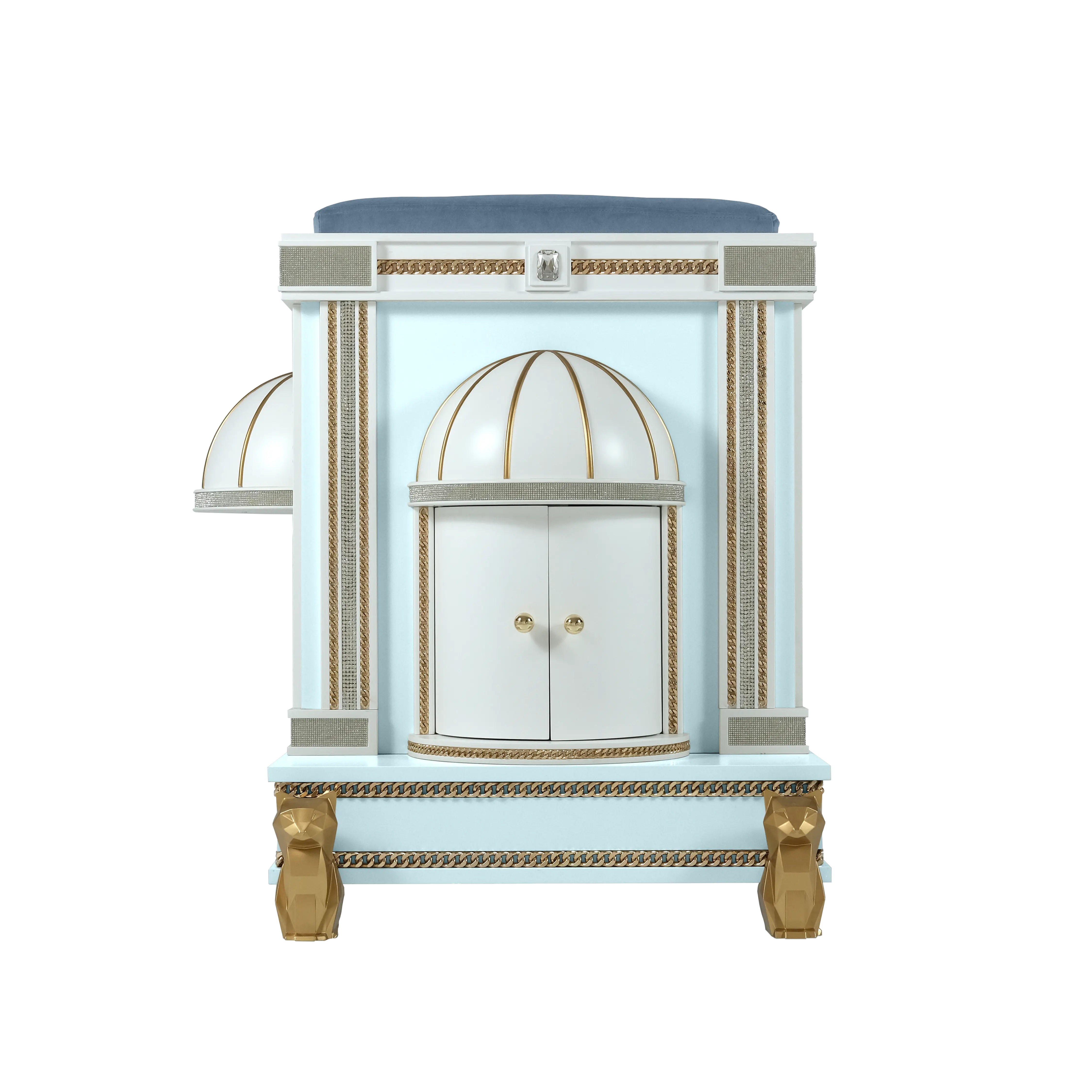Side elevation of the Bonnie Blue modern designer cat house pet palace showing the integrated storage closet and handcrafted luxury casters for your cat or kitten.