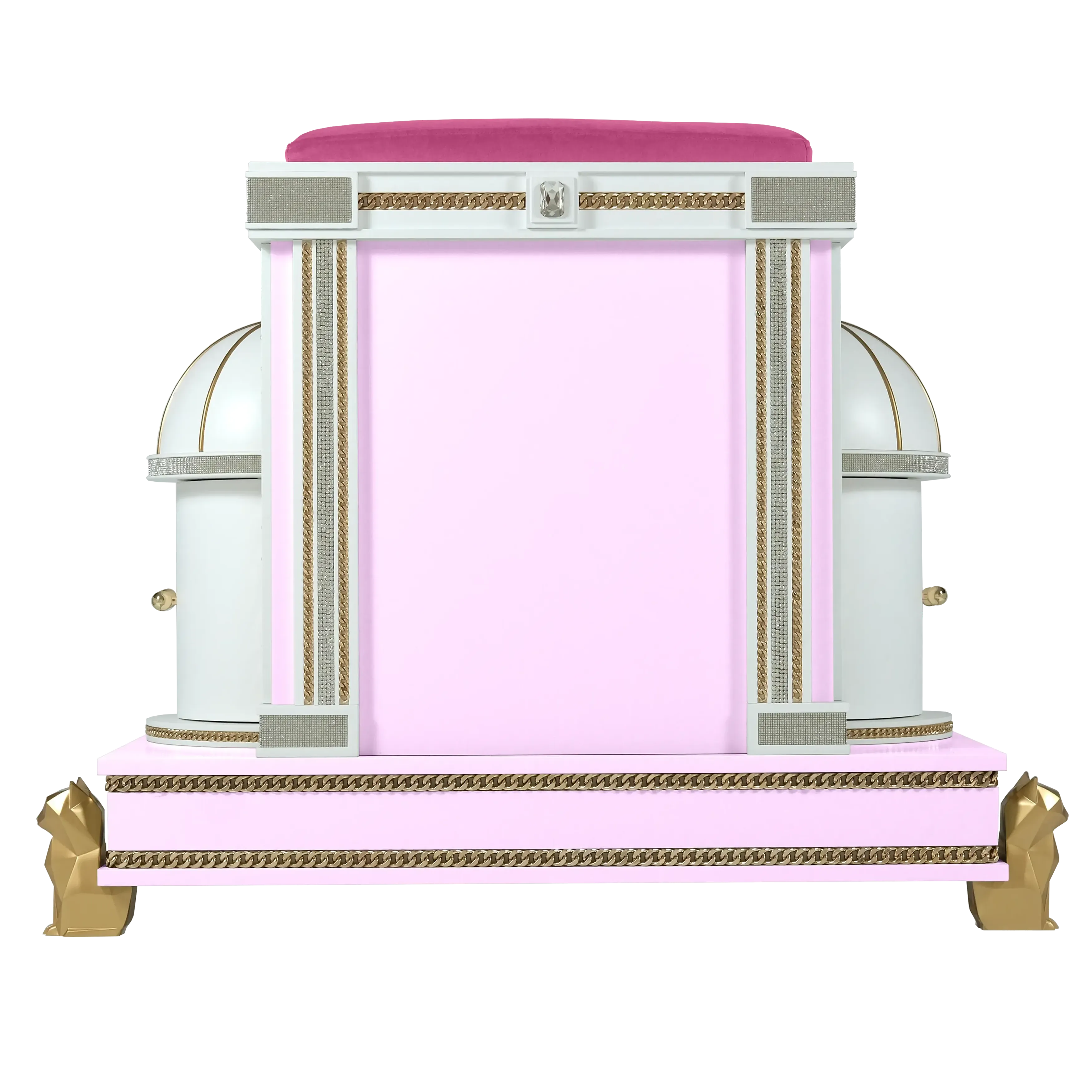 Rear view of the Charlotte modern designer cat house pet palace showing the cute symmetrical handcrafted design and romantic finish.