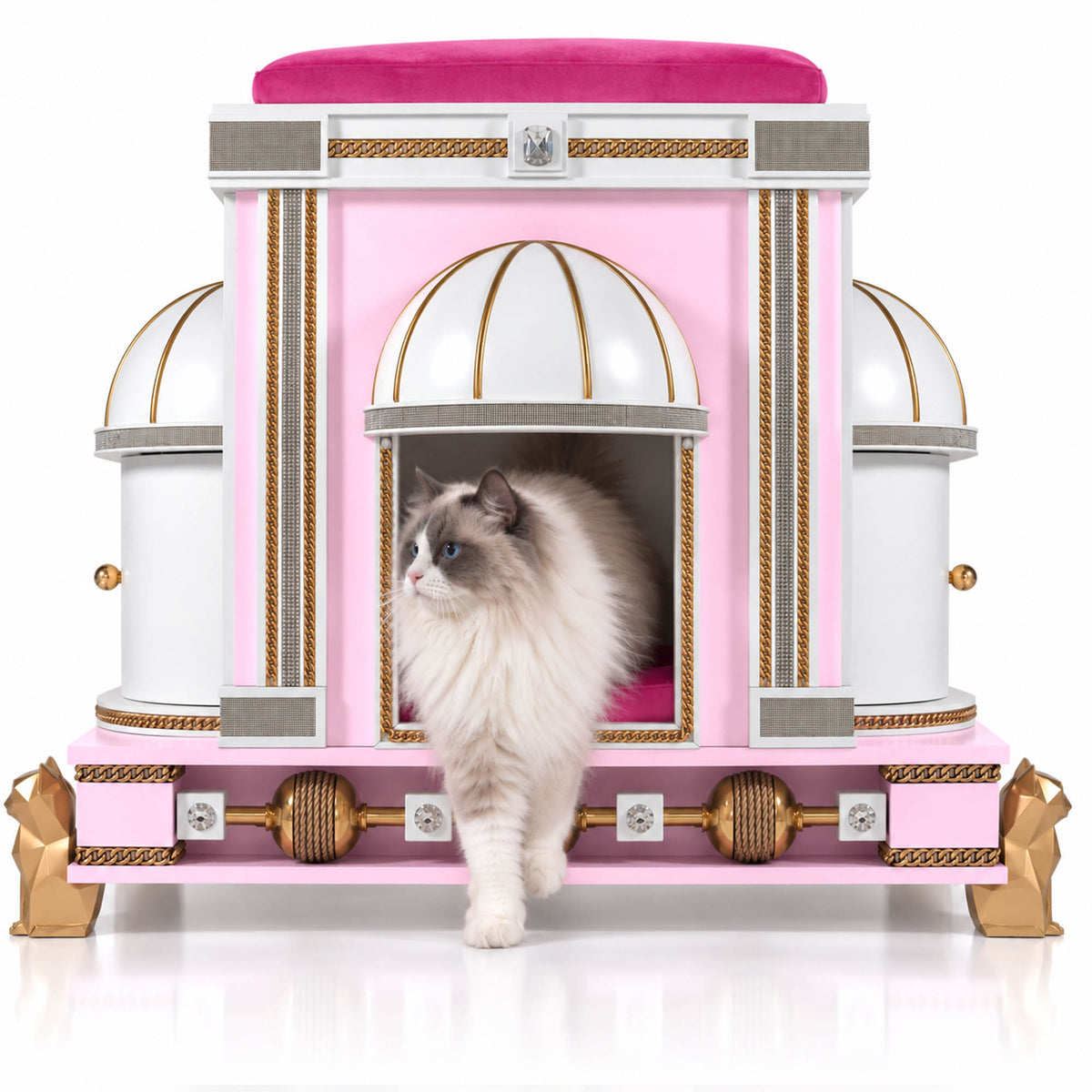 A fluffy long-haired cat walks out of a decorative pink and white cat house with gold trim, set against a clean white background.