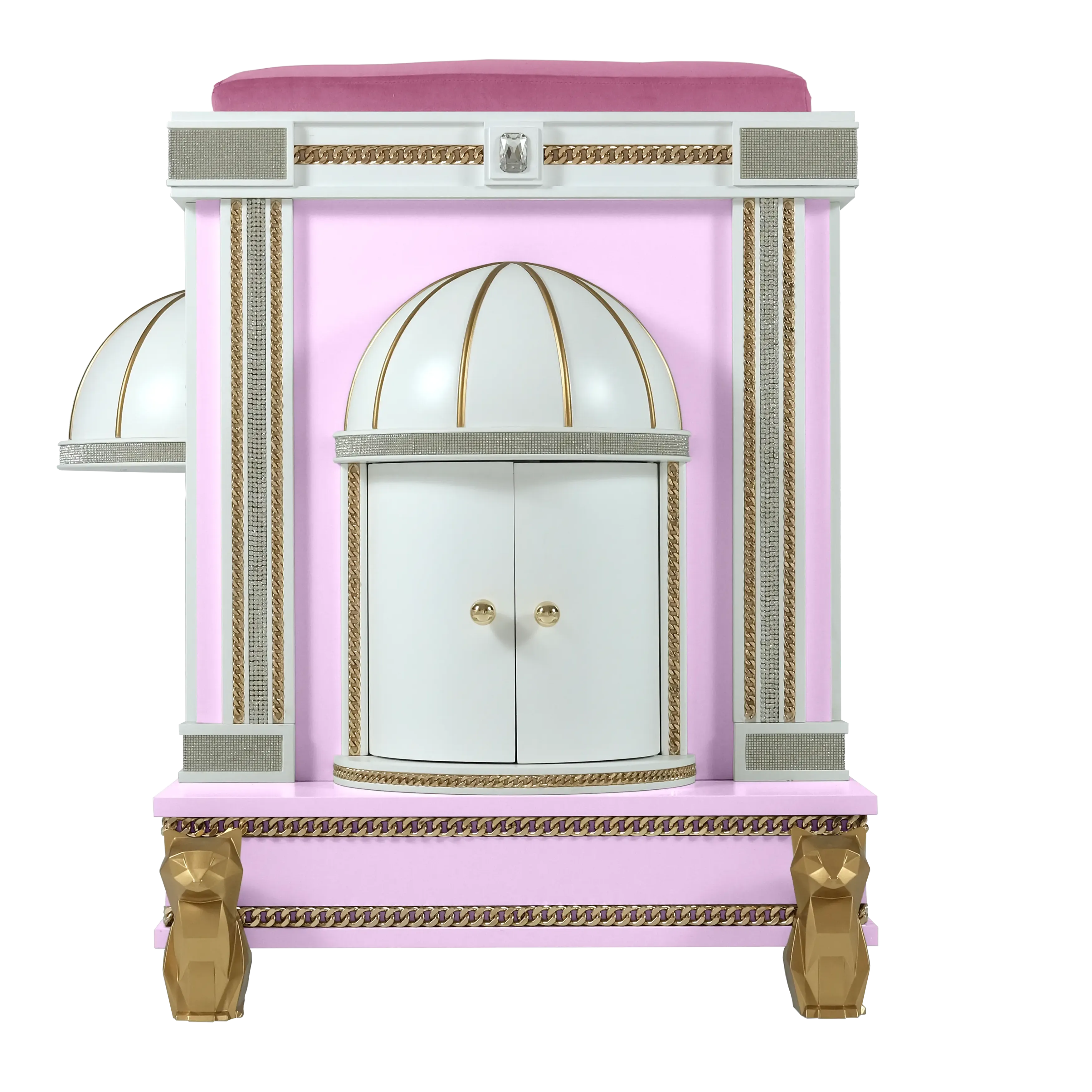 Close-up of the cute handcrafted finish on the romantic modern Charlotte cat pet palace and designer cat house.