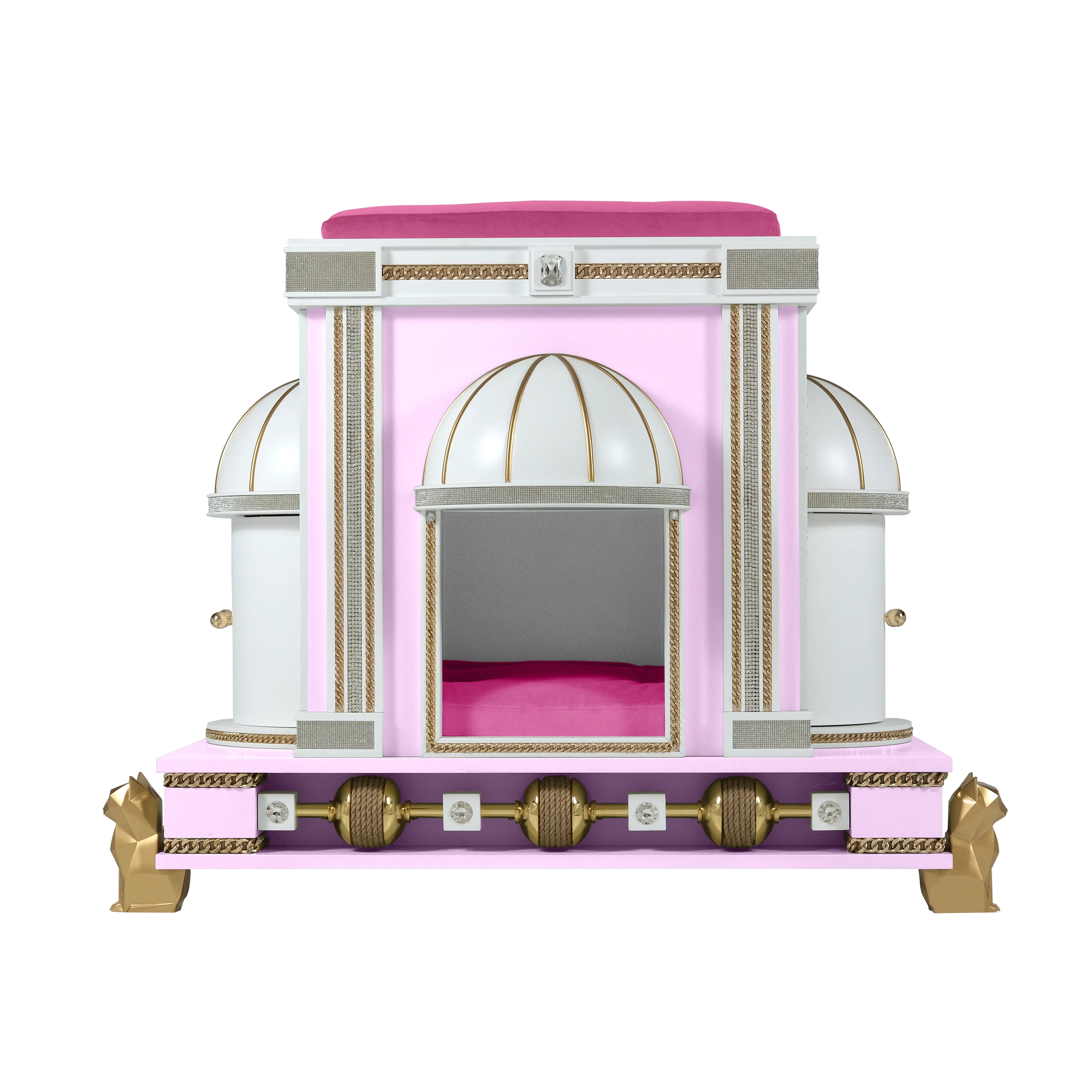 Front entrance of the cute Charlotte modern cat pet palace, featuring a romantic arched designer cat house for your kitten.