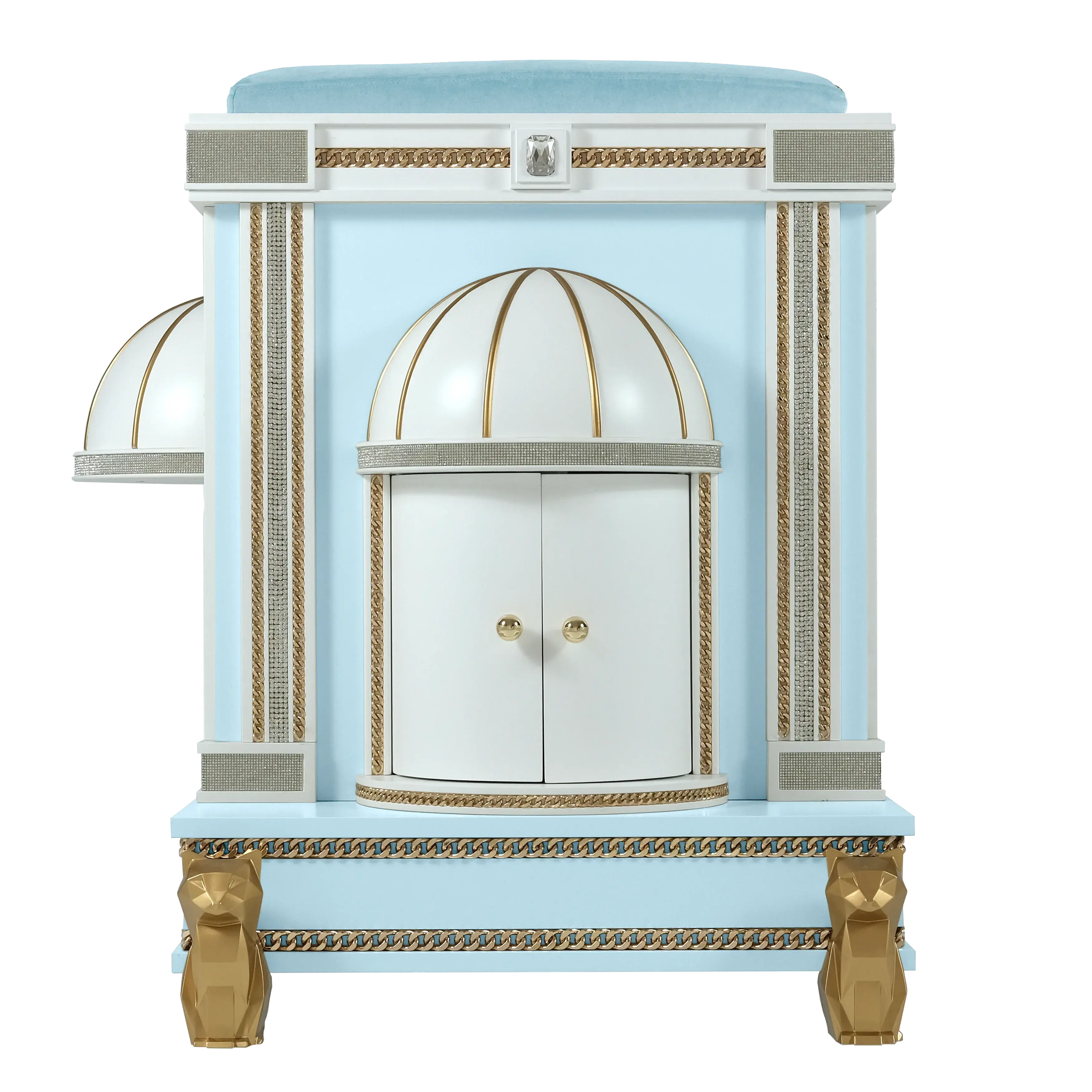 Close-up of the handcrafted details on the modern Count cat pet palace, showcasing the high-end materials of this designer cat house.