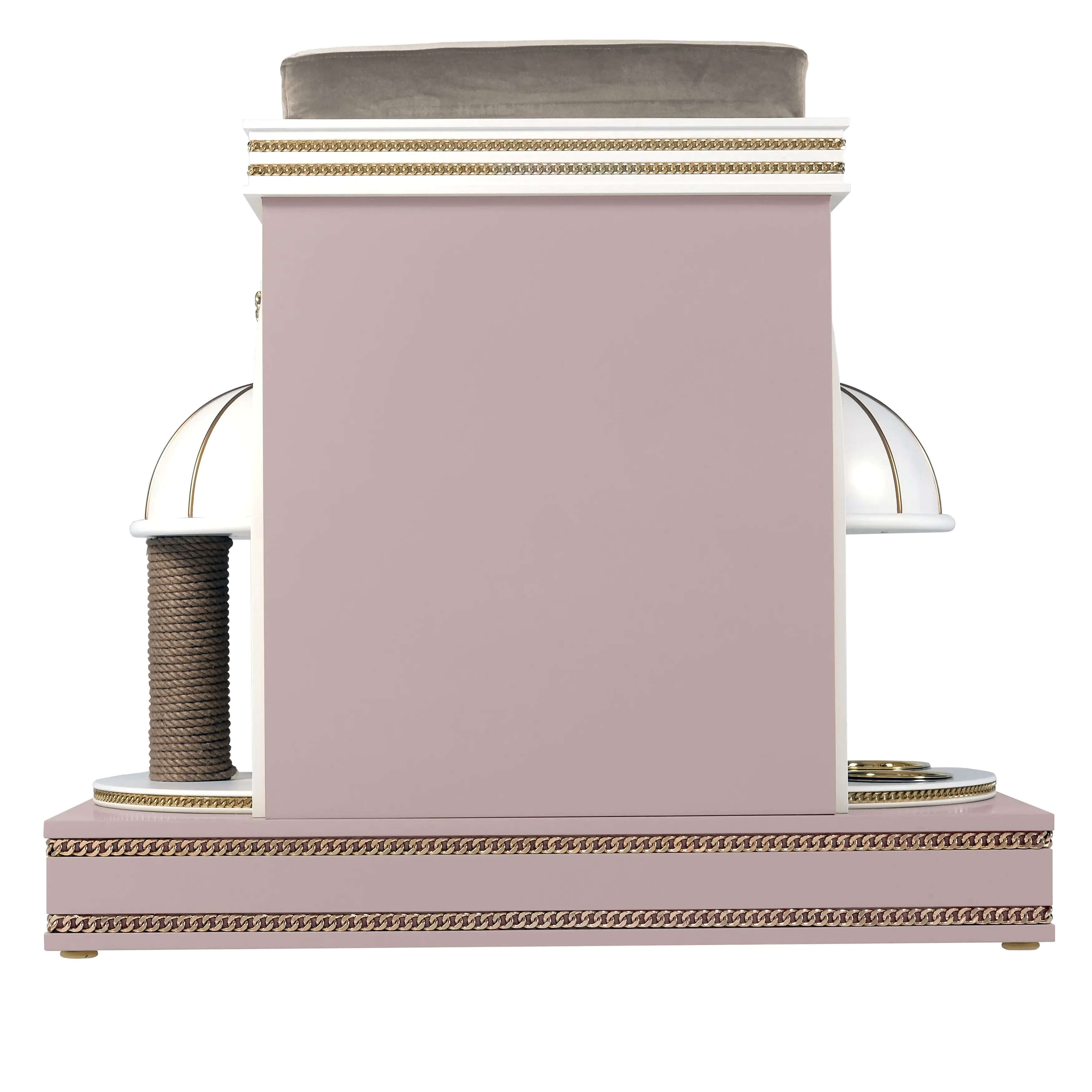 "Rear view of the CUDDLES architectural pet mansion, showcasing unique leg support and the flawless balance of refined modern elegance and care."