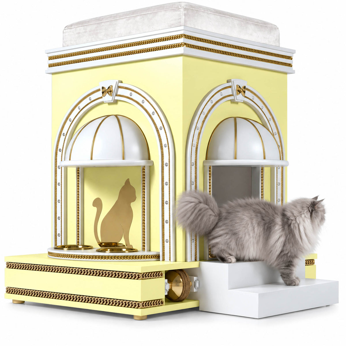 A fluffy gray cat stands on a white platform next to a decorative yellow and white cat house with gold trim and two arched openings, shown on a clean white background.