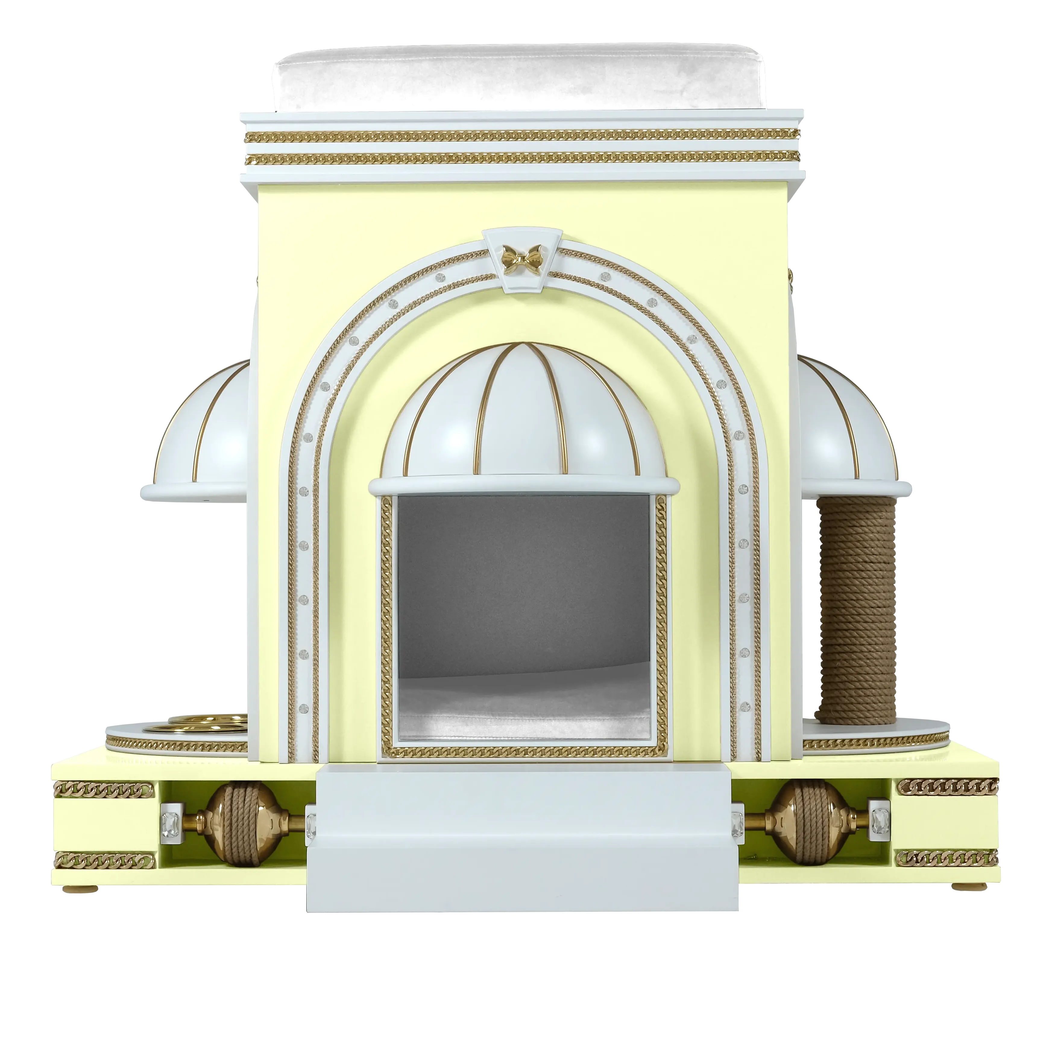 "Front view of the DAISY luxury pet house, showcasing the cute symmetry and elite designer craftsmanship for a noble companion."