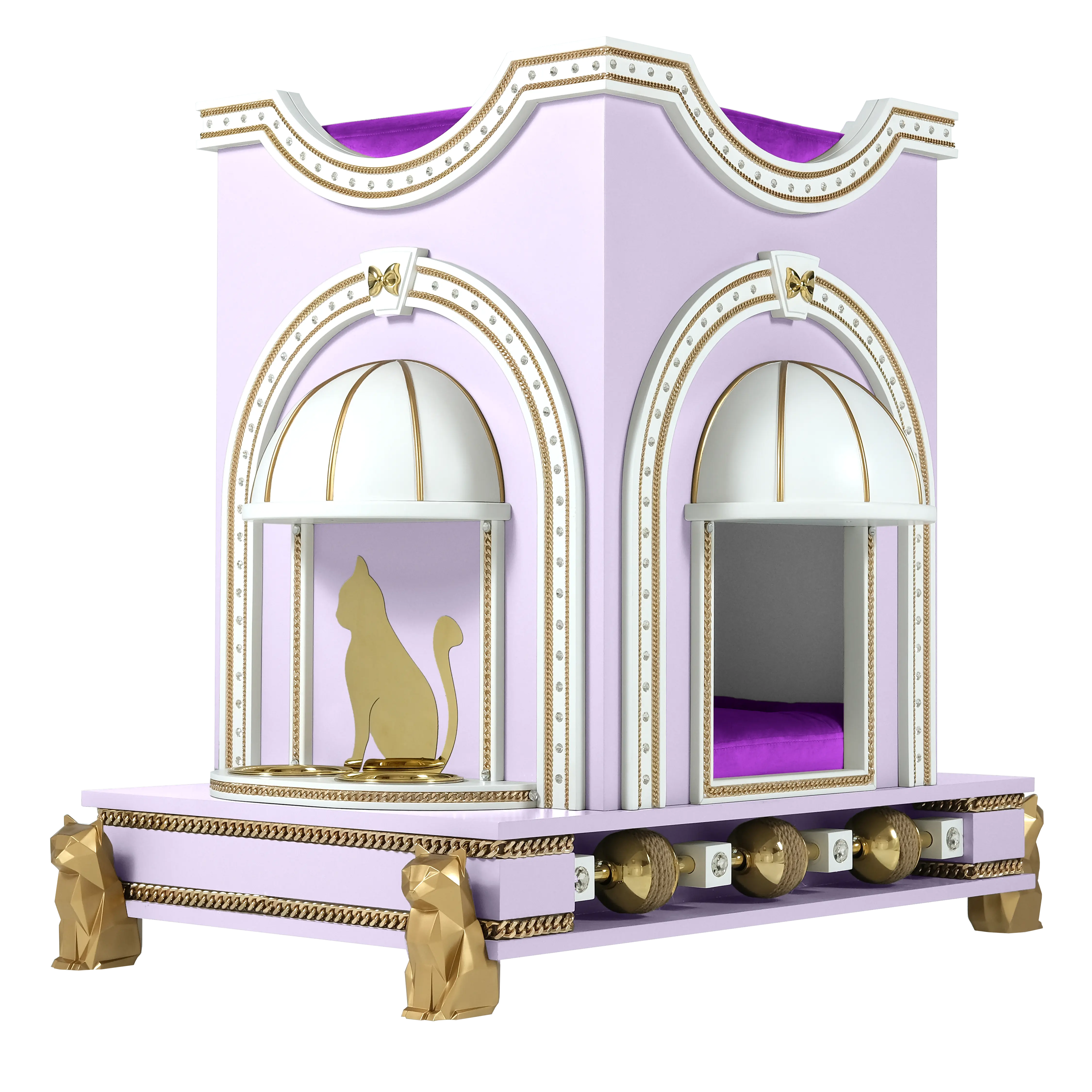 "Side view of designer lilac cat furniture, highlighting the spectacular architectural structure and couture pet-centric design."