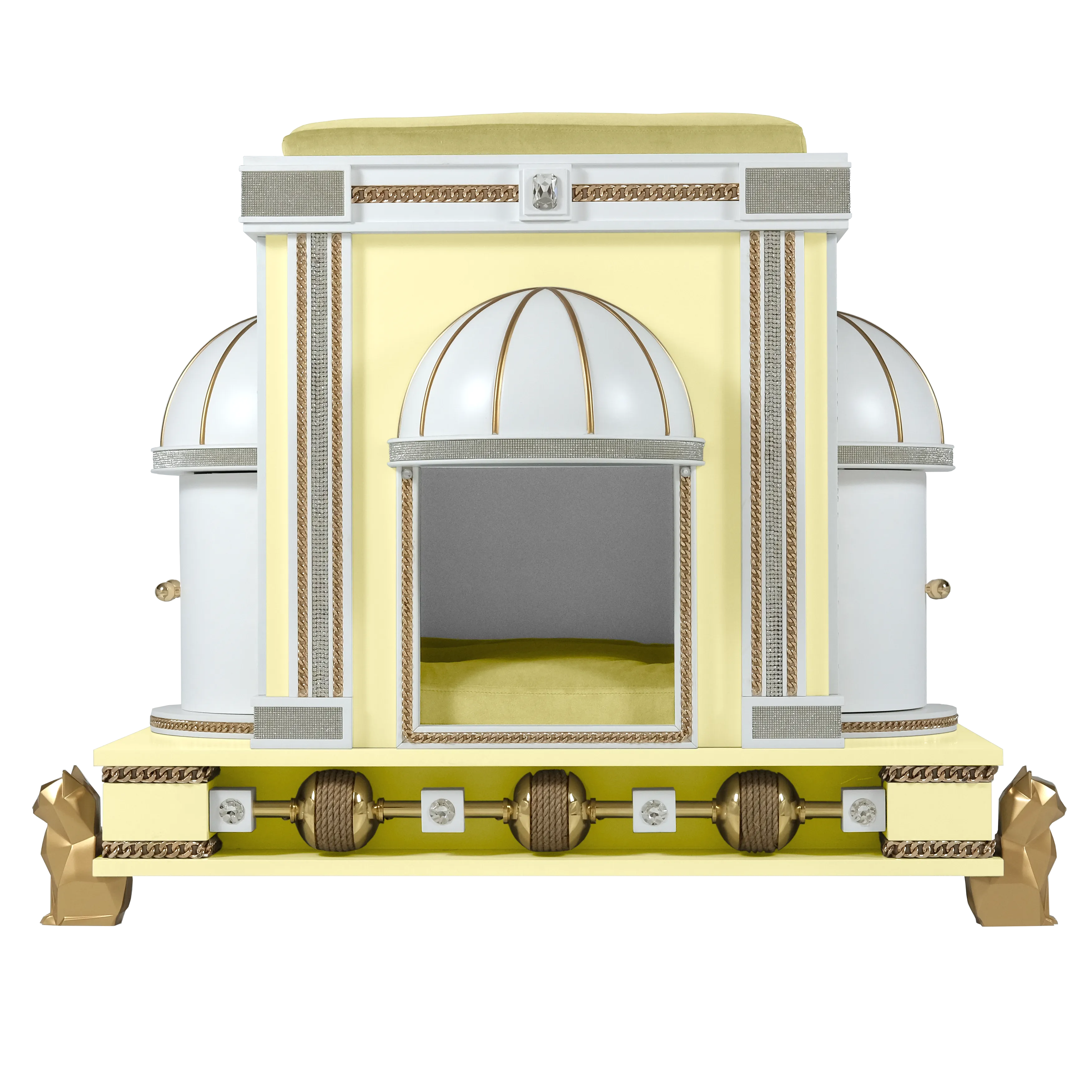 Front entrance of the Duchess modern cat pet palace, a majestic designer cat house with clean architectural details for your kitten.