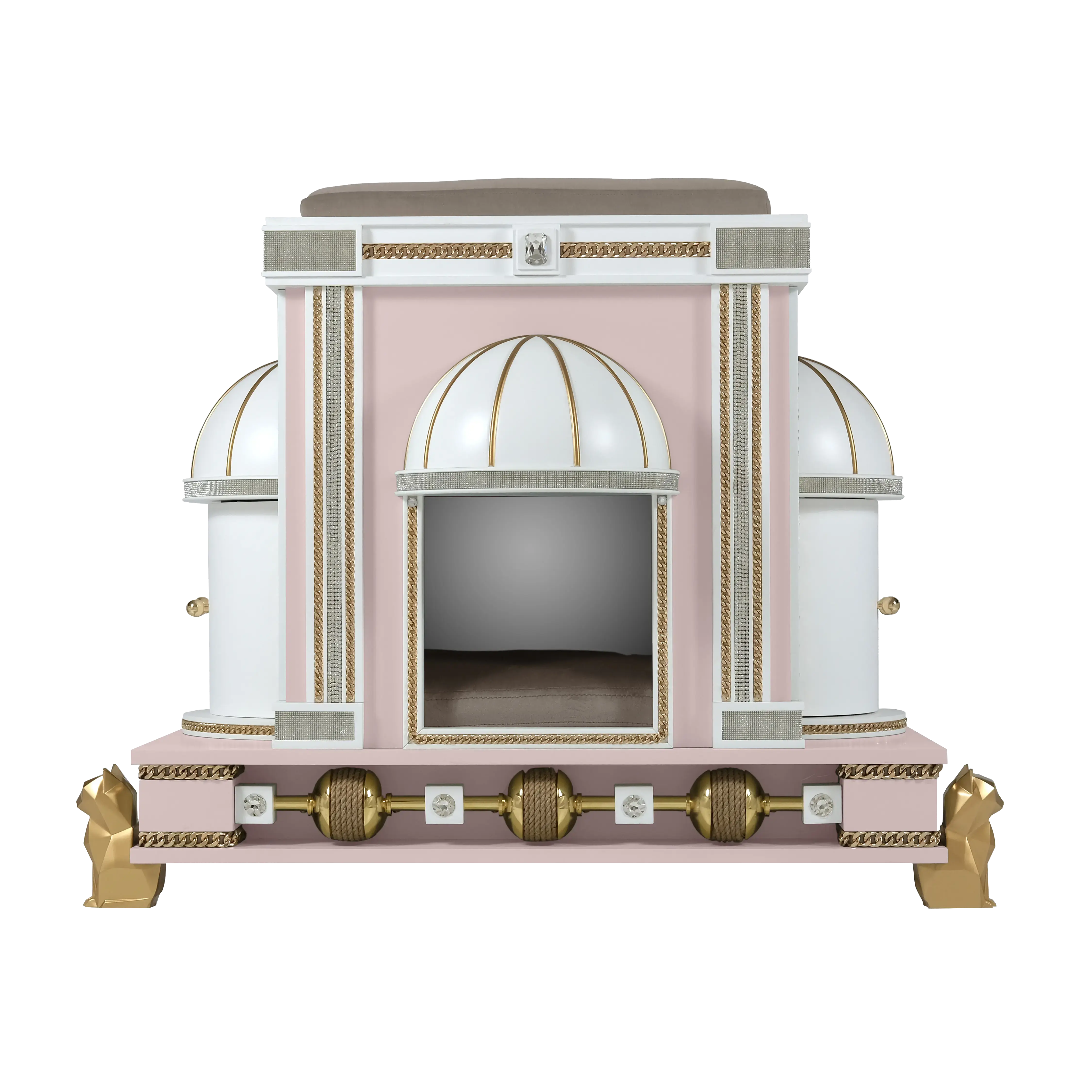 Front entrance of the Fluffy cat pet palace, a soft designer cat house designed for ultimate kitten security.