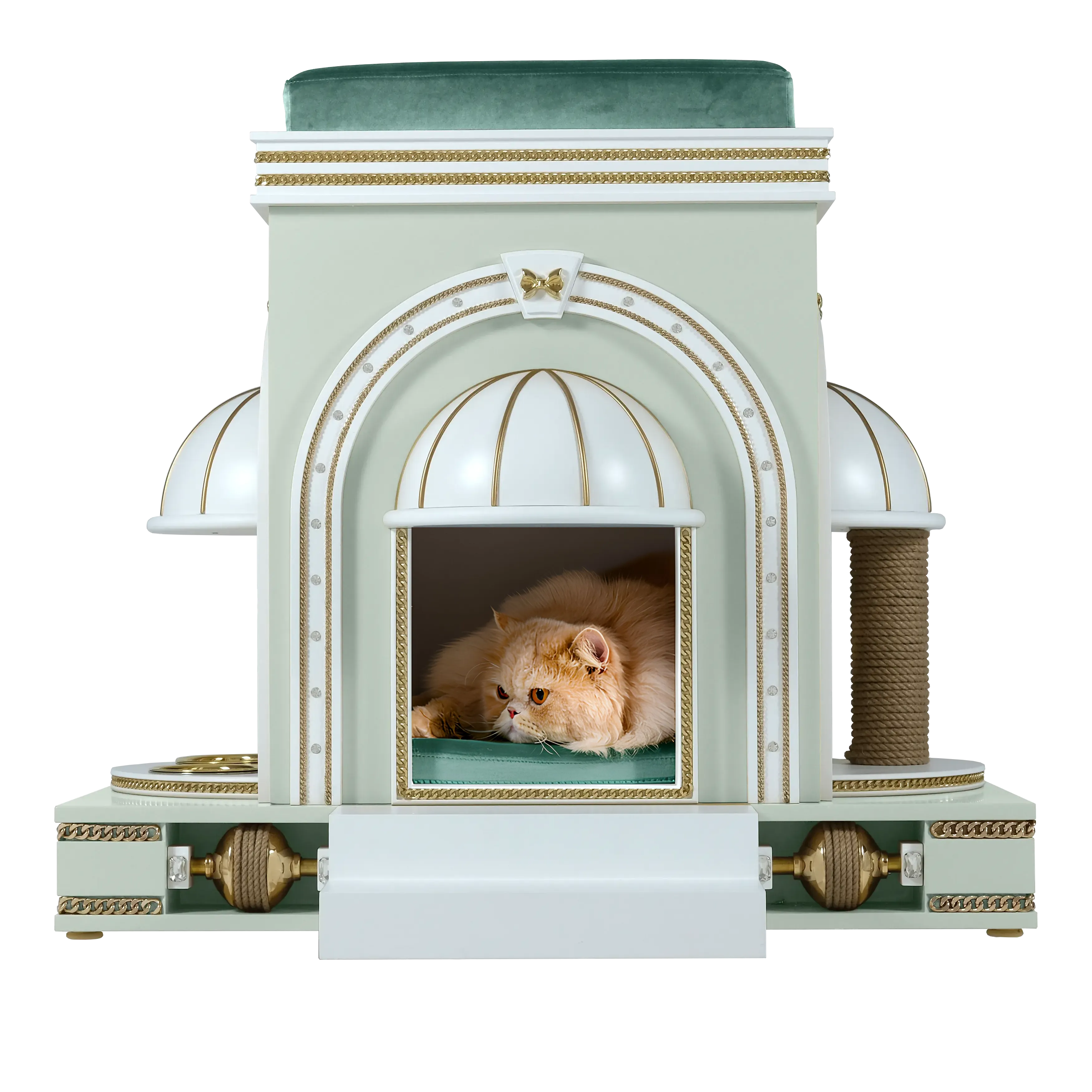 "A noble pet resting inside the ASTOR modern cat mansion, a refined sanctuary blending ultra-modern luxury with elite architectural lines."