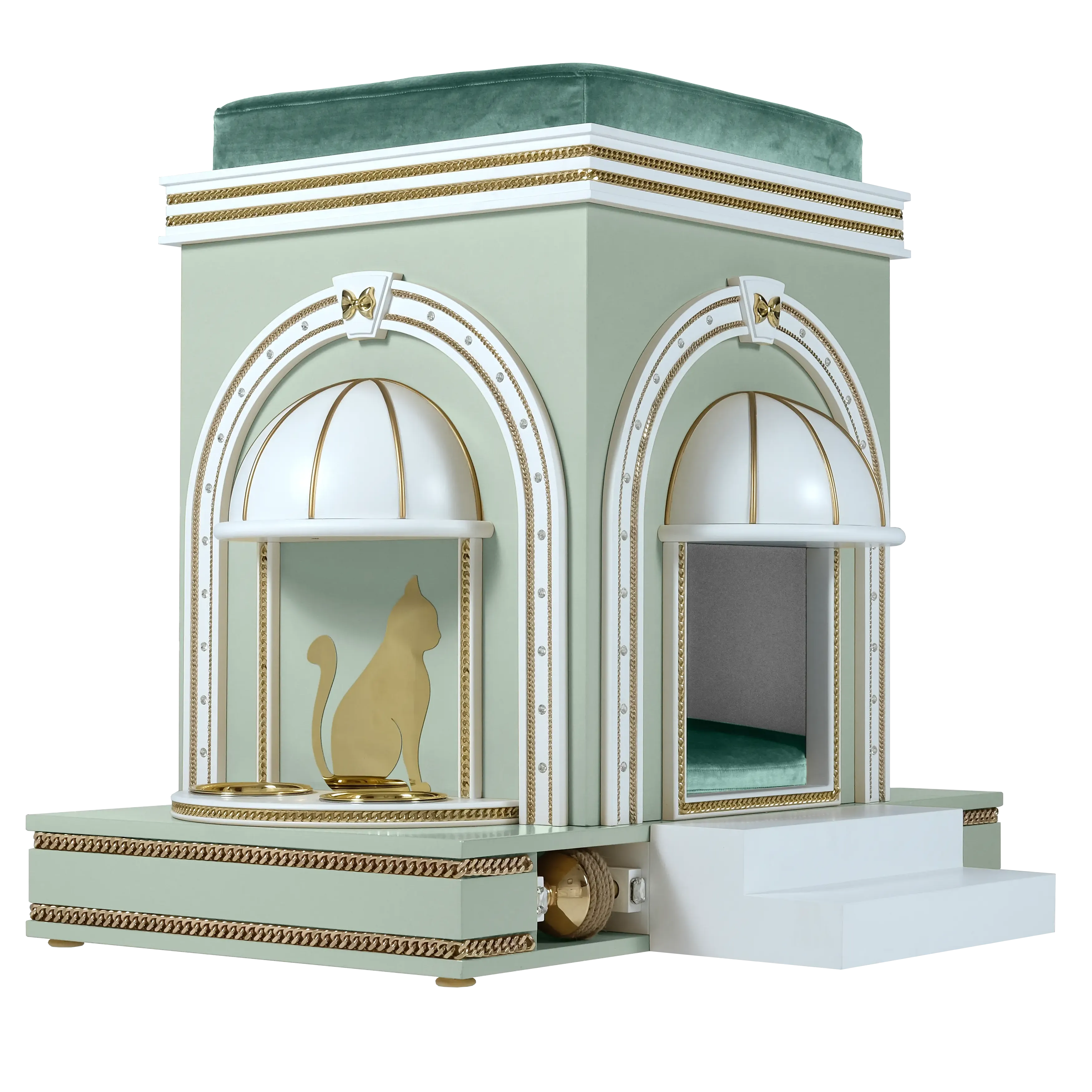 "Side profile of the ASTOR modern designer pet mansion, highlighting the tamed structural lines and refined architectural furniture aesthetic."