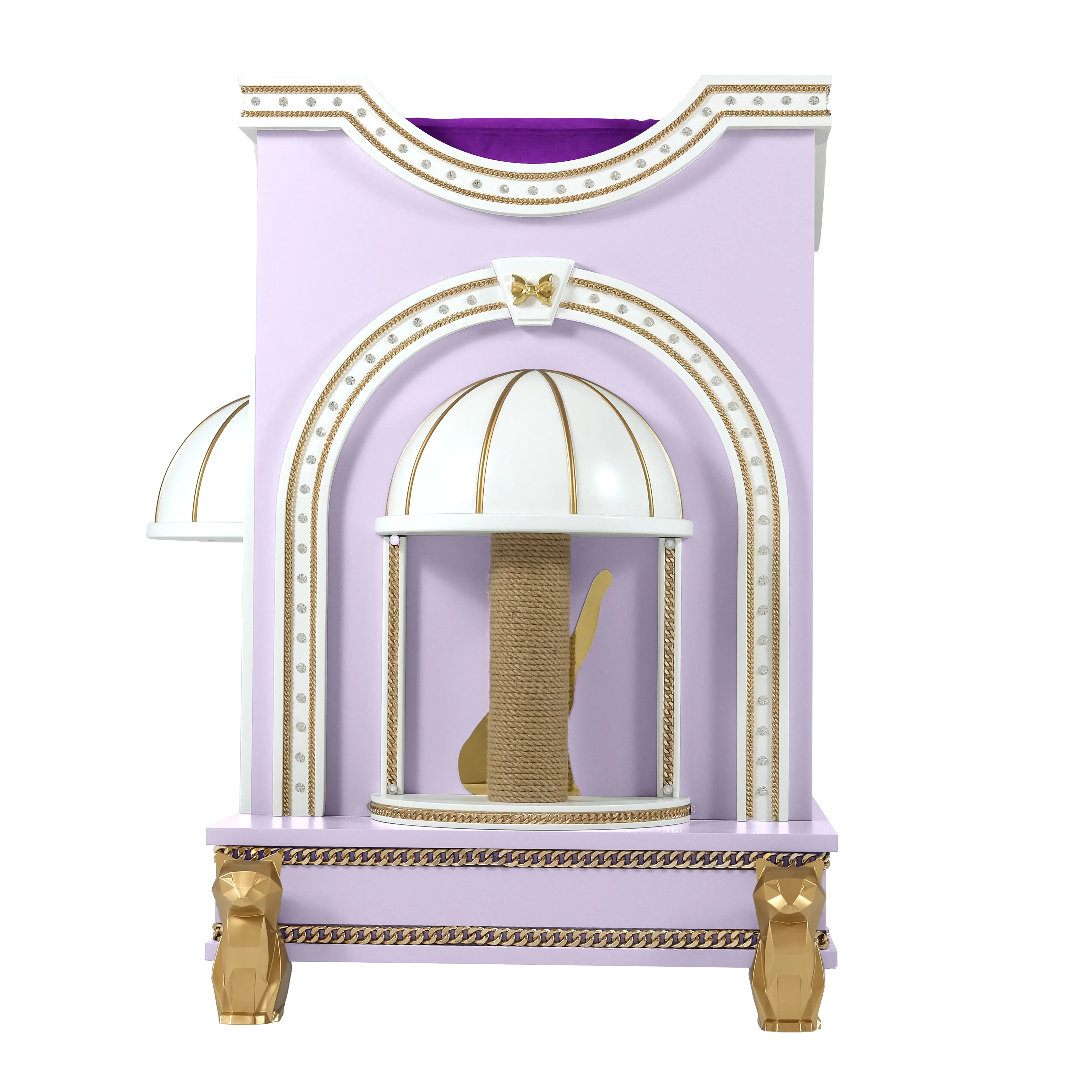 "Integrated sisal scratching post on the lilac BIBI cat house, where the wild instinct meets tamed designer furniture."