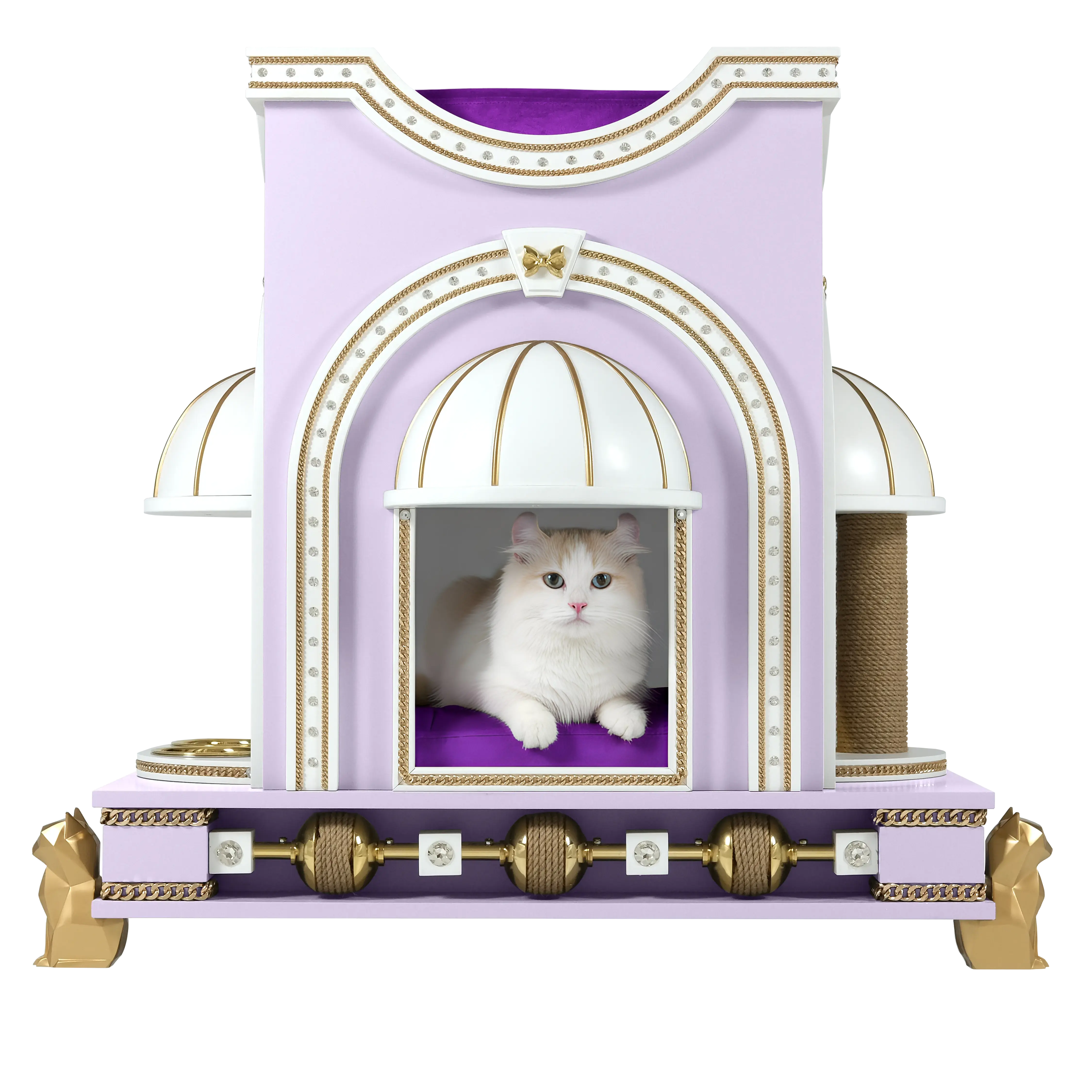 "An elegant lilac luxury cat house from the BIBI collection, featuring a noble cat resting within a refined modern sanctuary."