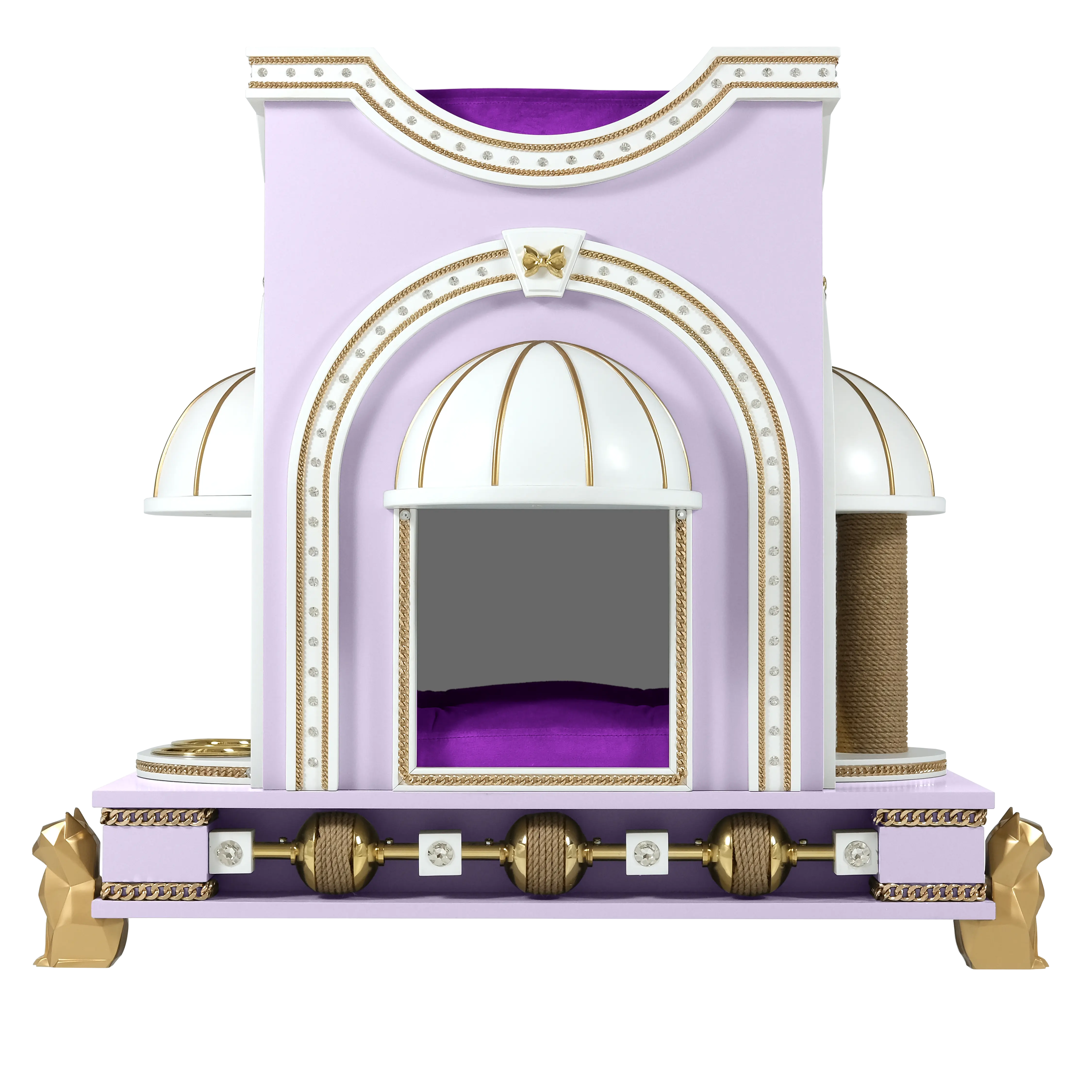 "Front view of the BIBI modern indoor pet shelter, showcasing the royal designer silhouette and sophisticated lilac finish."