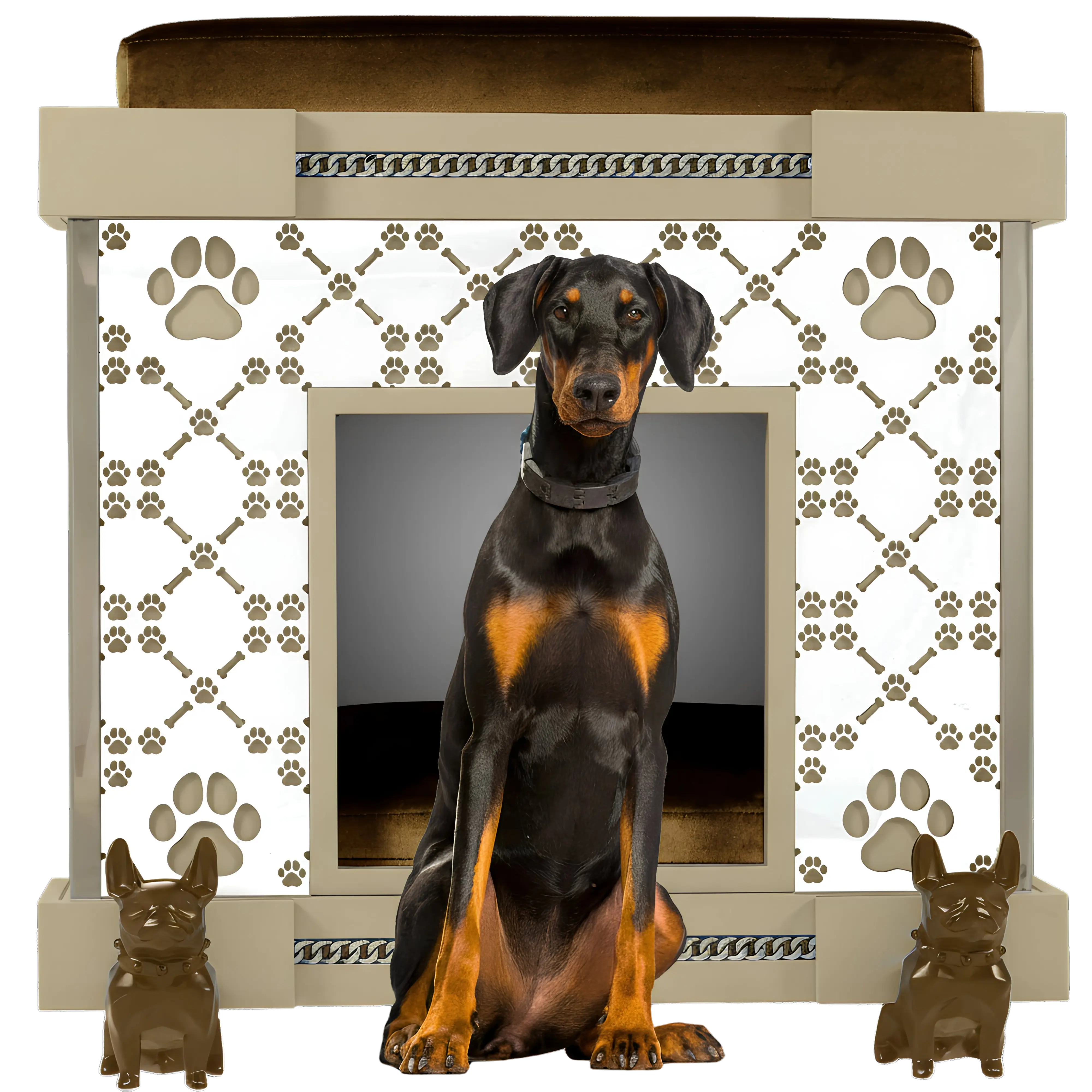 "FUROAR Bobby Boy Estate Suite, a luxury architectural dog kennel for large breeds with polished steel accents."