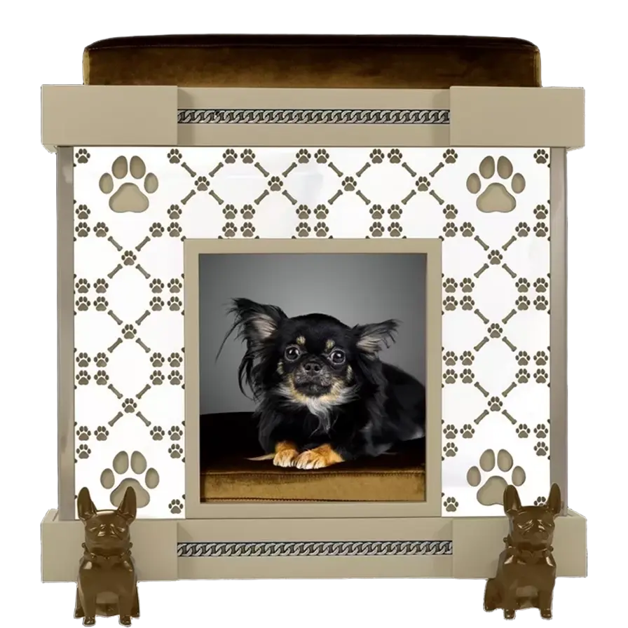 Bobby Boy Small indoor dog kennel house featuring a signature plexi pattern nursery suite.