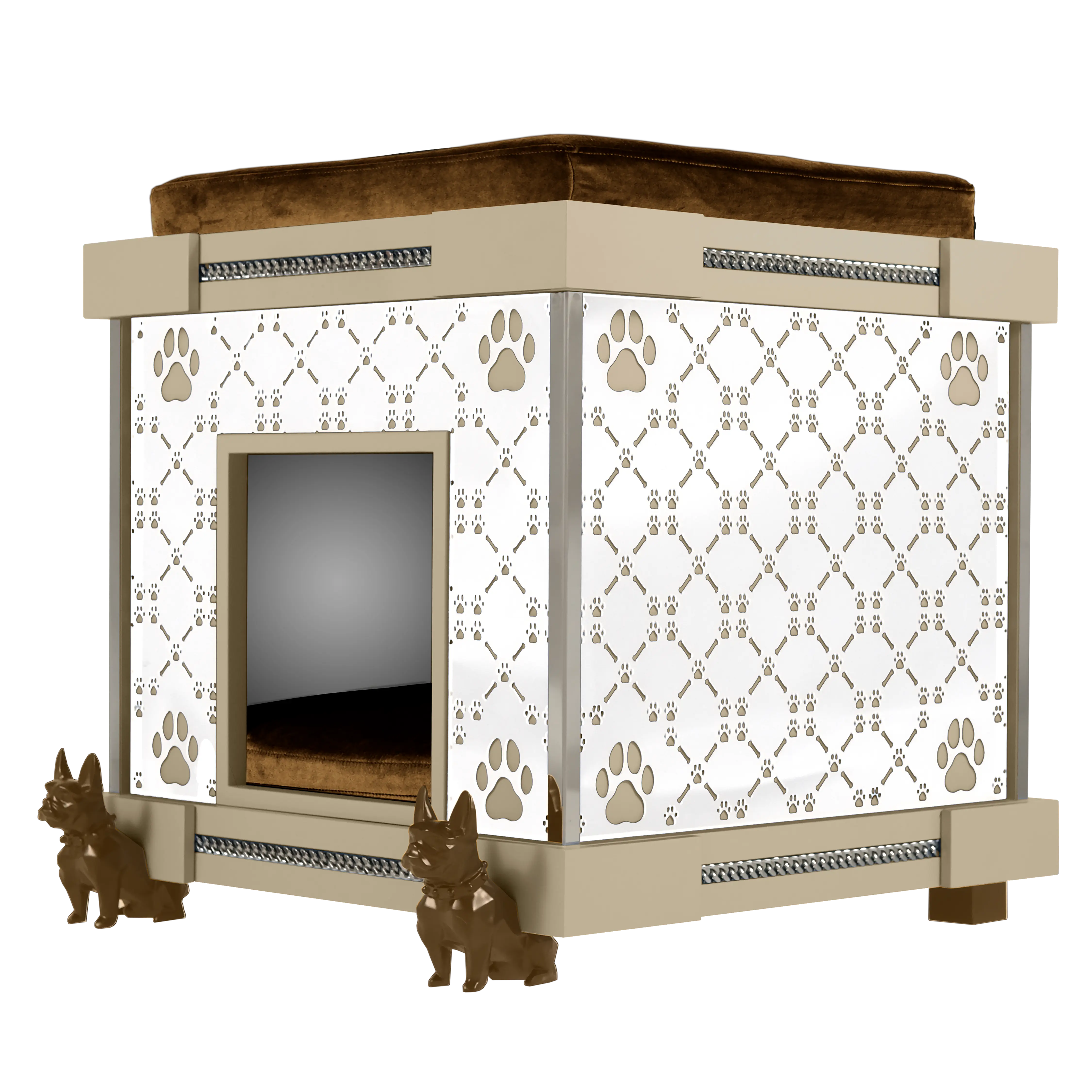 Side view of the Bobby Boy Executive puppy kennel house featuring signature brown casters.