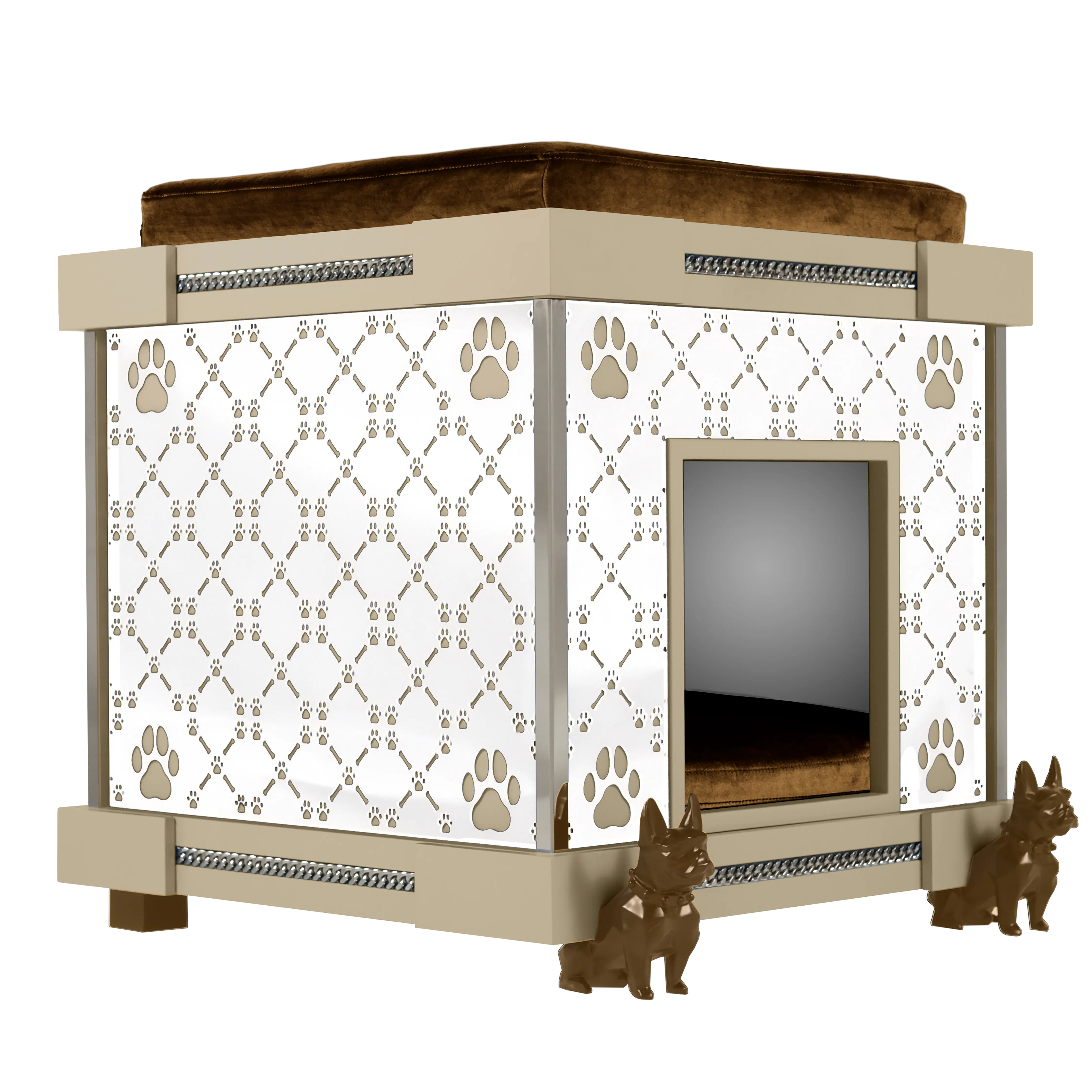 Puppy nursery interior with a bespoke velvet bed and modern glam rooftop cushion.