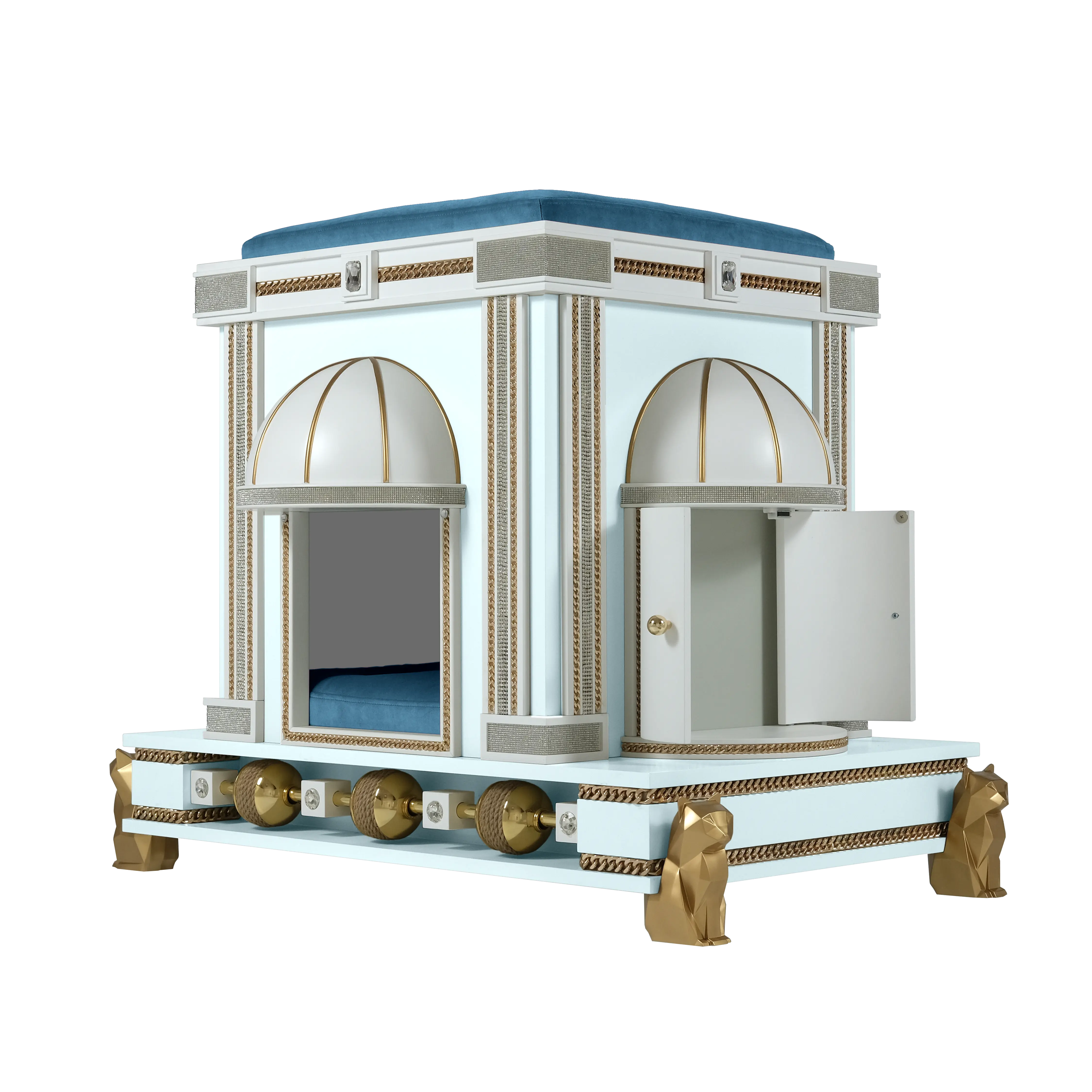 View of the Bonnie Blue modern designer cat house pet palace showing the side closet opened and luxury crystal inlays within the handcrafted cat and kitten structure.