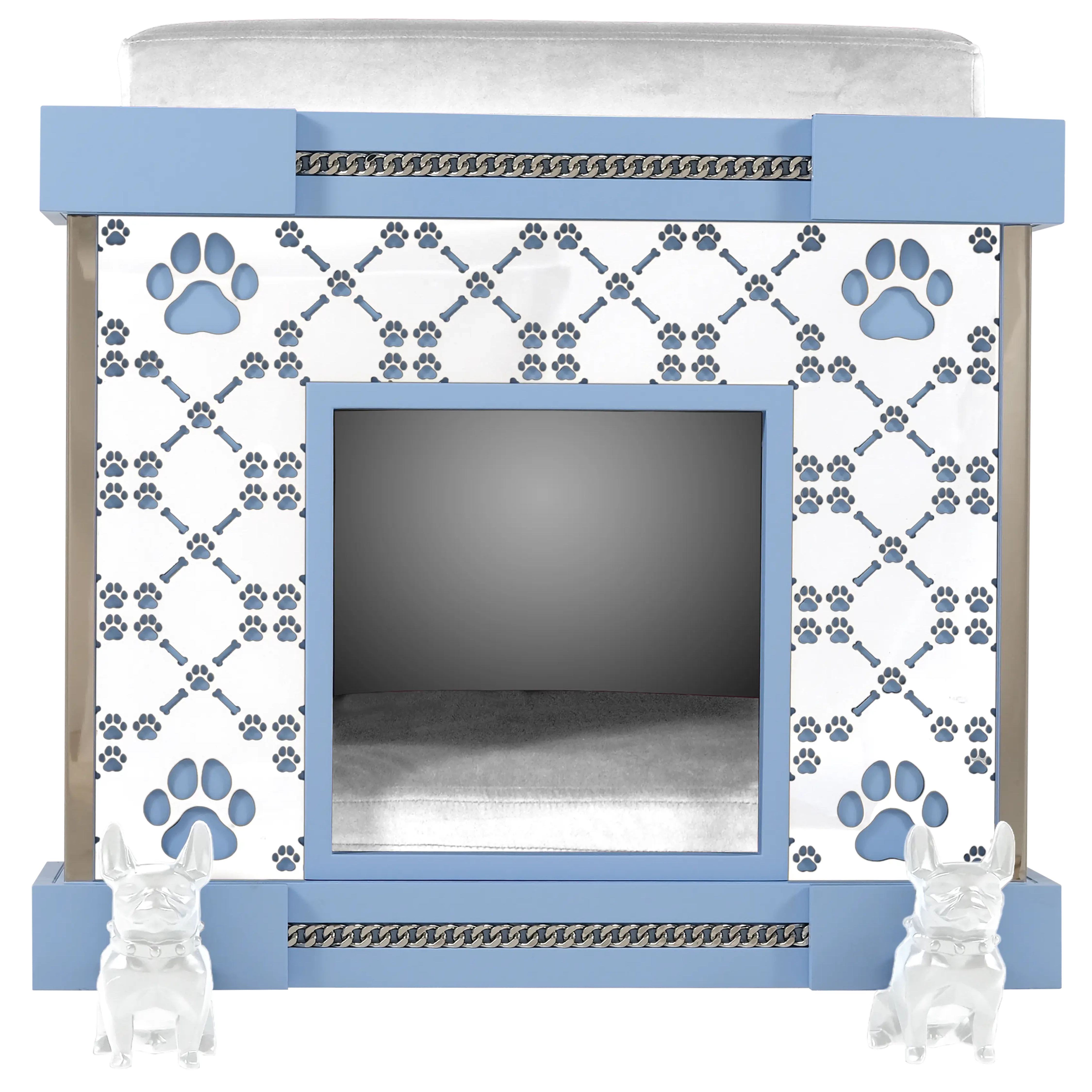 "Modern designer dog kennel facade in Bleuy featuring white French Bulldog casters and signature laser-cut patterns."