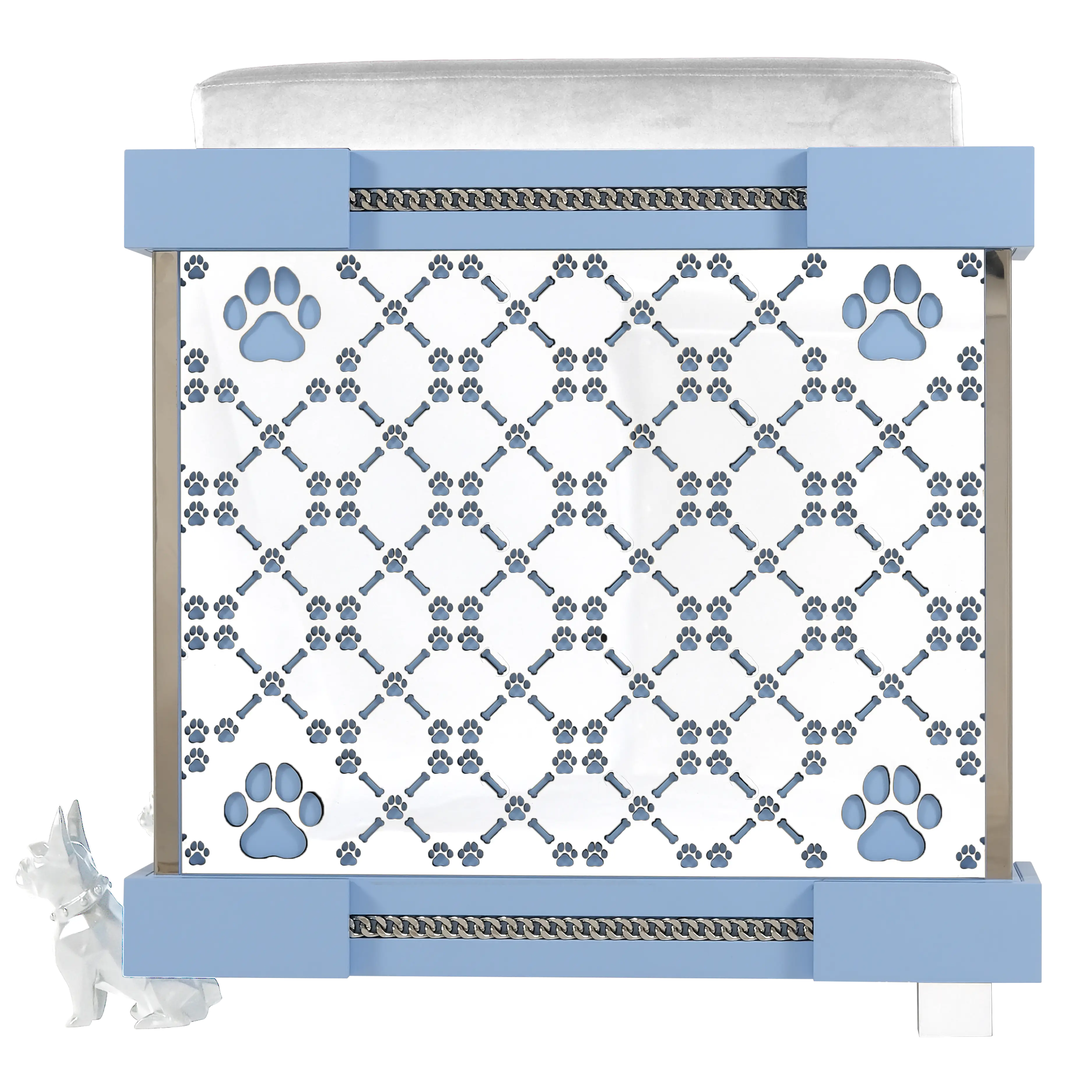 "Detailed view of the modern designer FUROAR signature laser-cut geometric pattern on the Bleuy Bonnie Estate Suite."