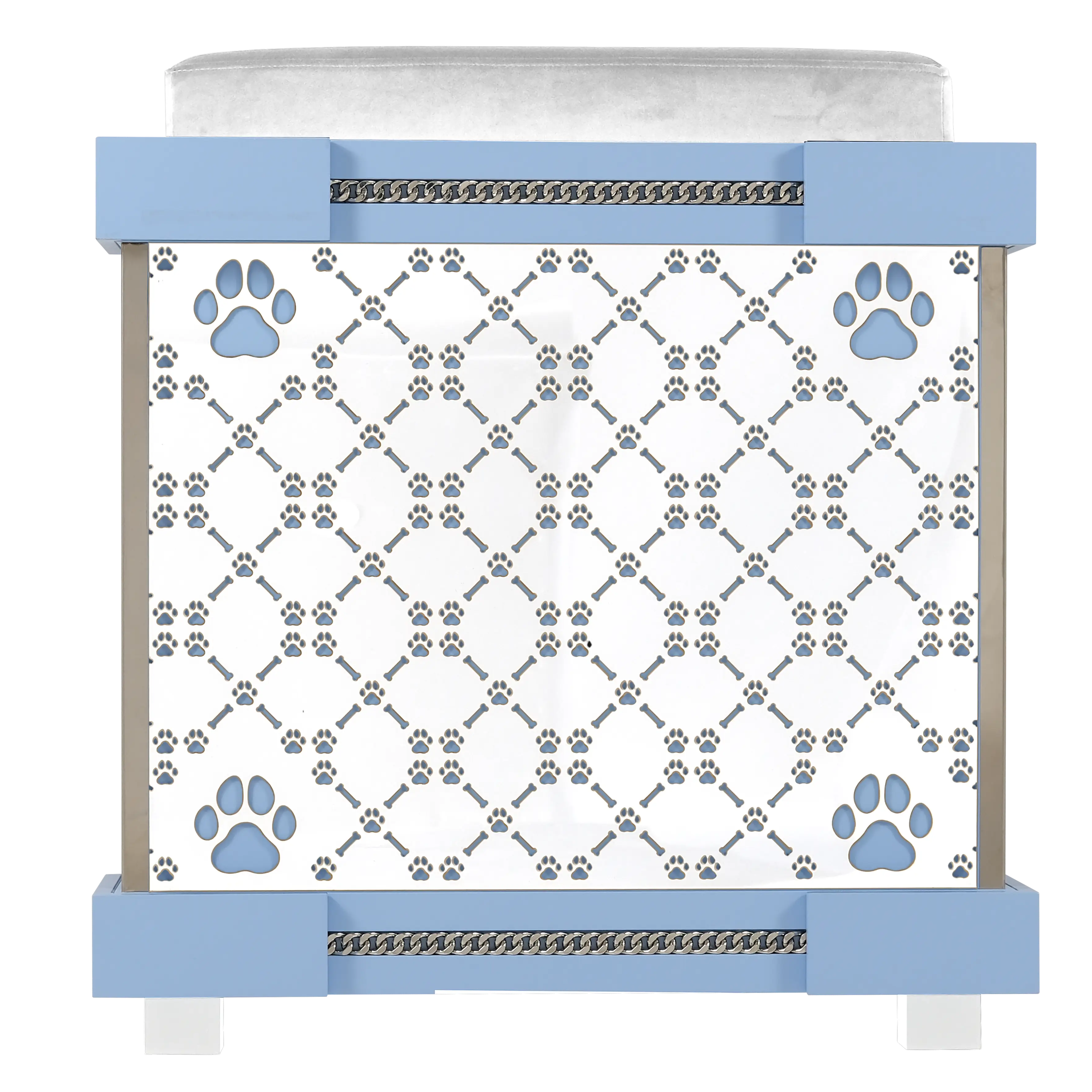 "Rear view of the large modern designer Bleuy architectural kennel showcasing seamless walls and polished steel trim."