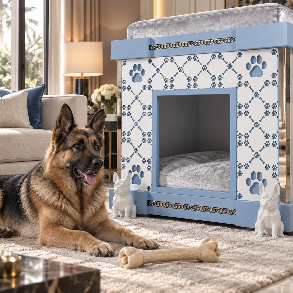 A German Shepherd lies on a beige rug in a modern living room beside a decorative blue and white dog house with paw-print patterns, small white dog statues, and a bone toy.