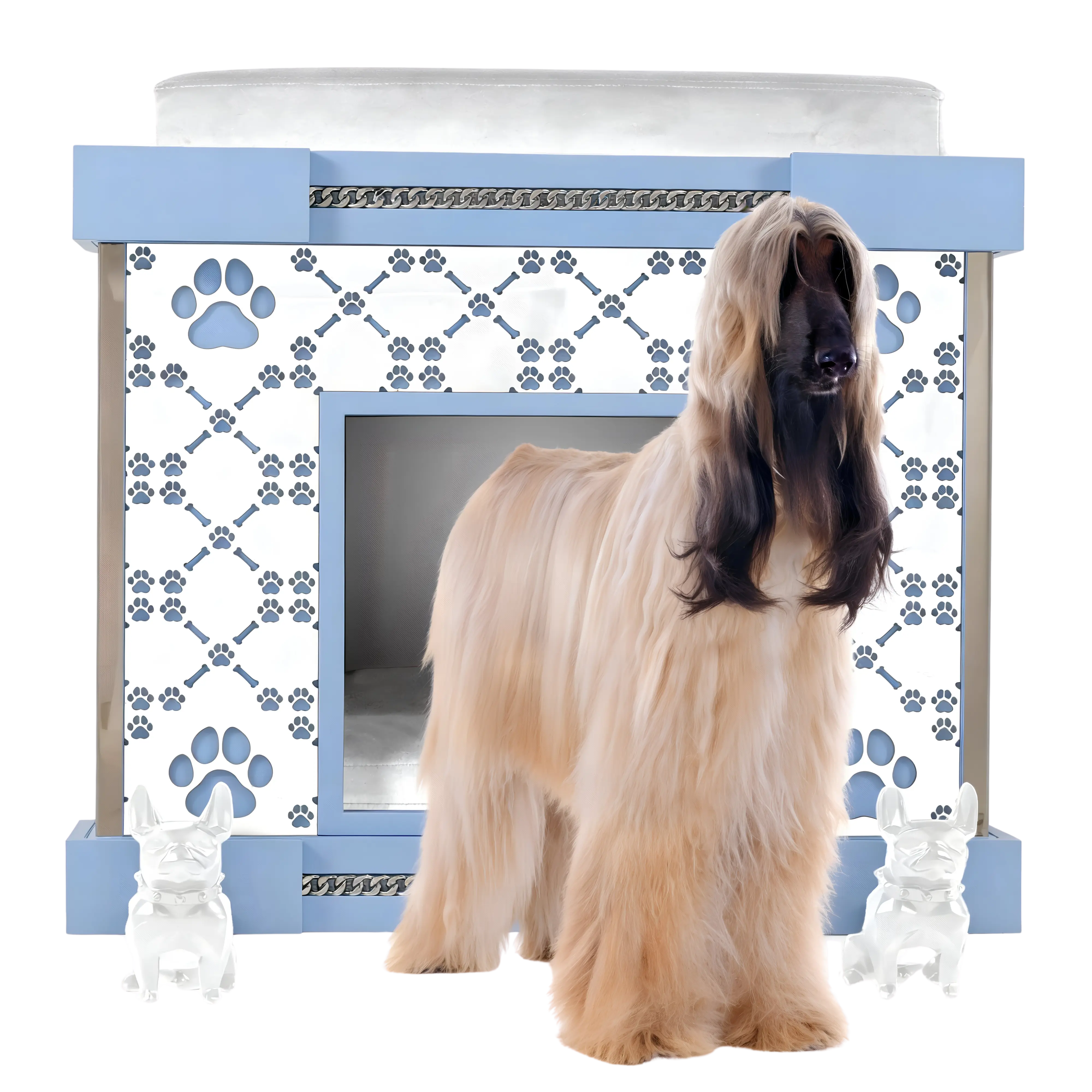 "The modern fashion kennel you will love: Bleuy FUROAR Puppy Play Royal Palace Suite for extra-large dog breeds."