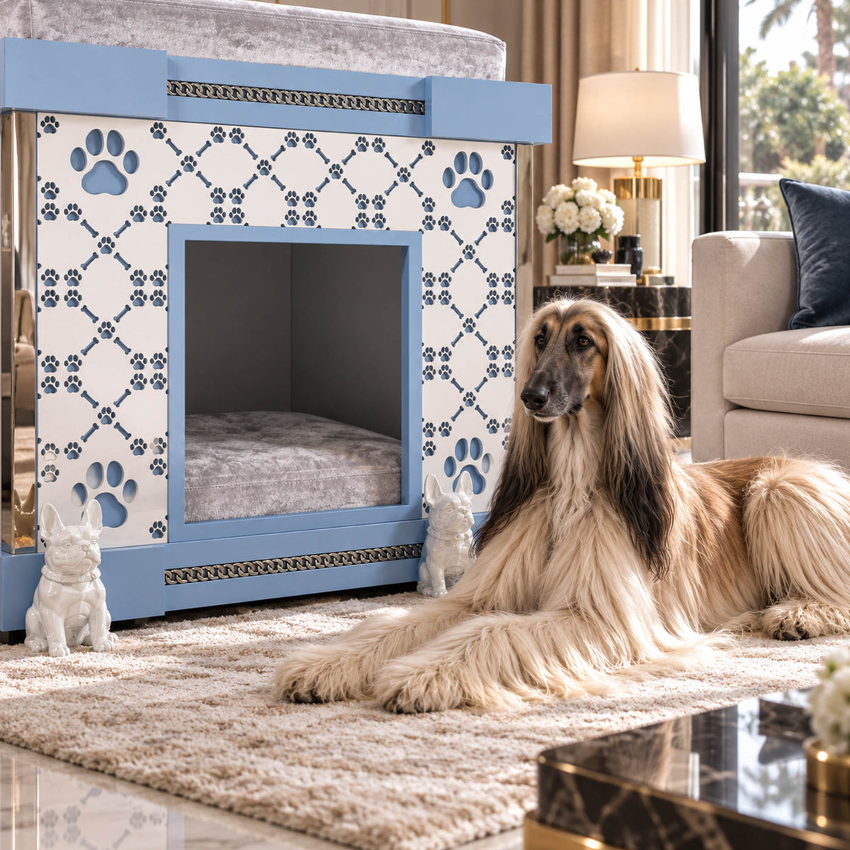 A long-haired dog lies on a beige rug in a modern living room beside a decorative pet bed with blue trim, paw-print panels, and a gray cushioned interior. Small white dog statues sit near the bed.