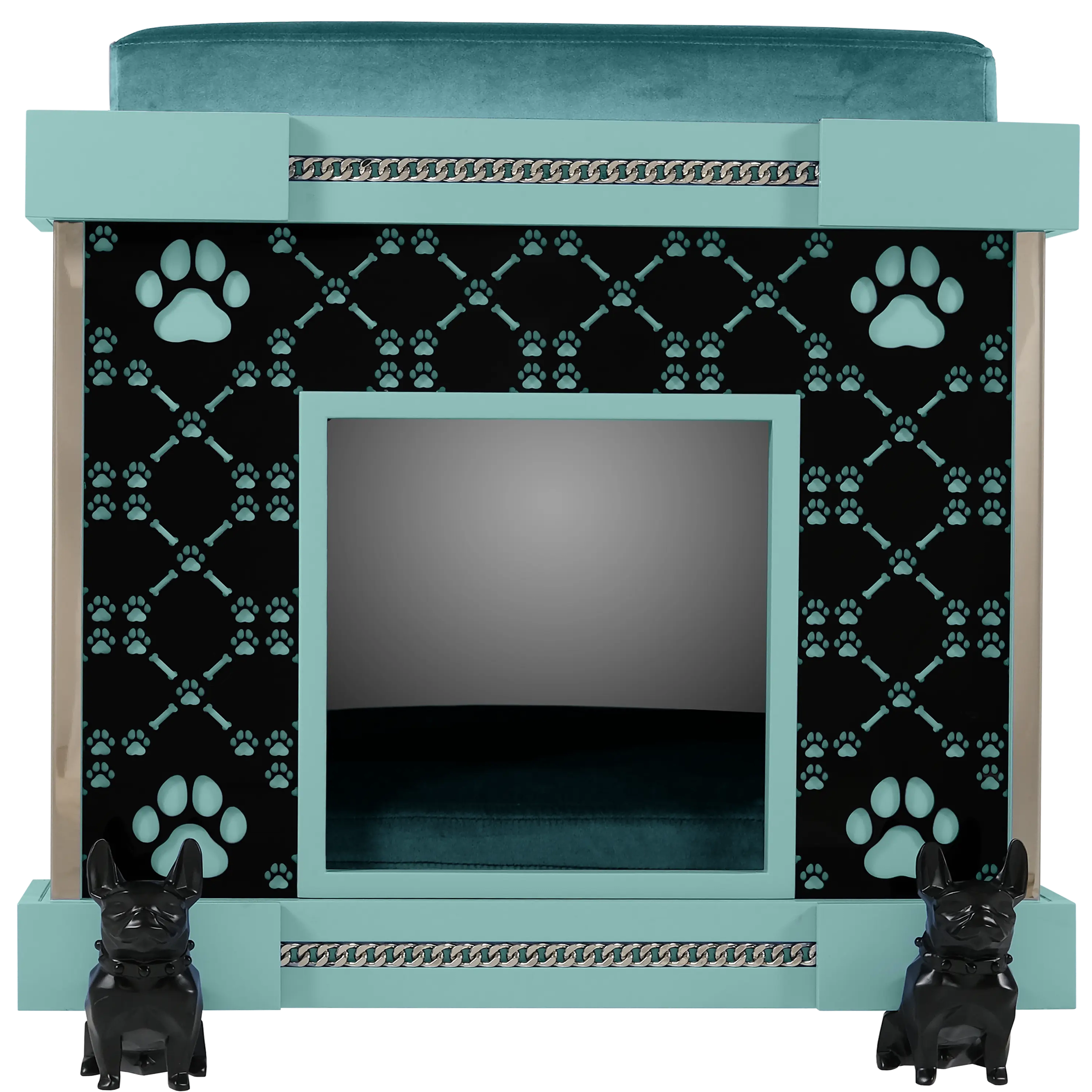 "Modern designer dog kennel facade featuring black French Bulldog casters and signature laser-cut patterns."