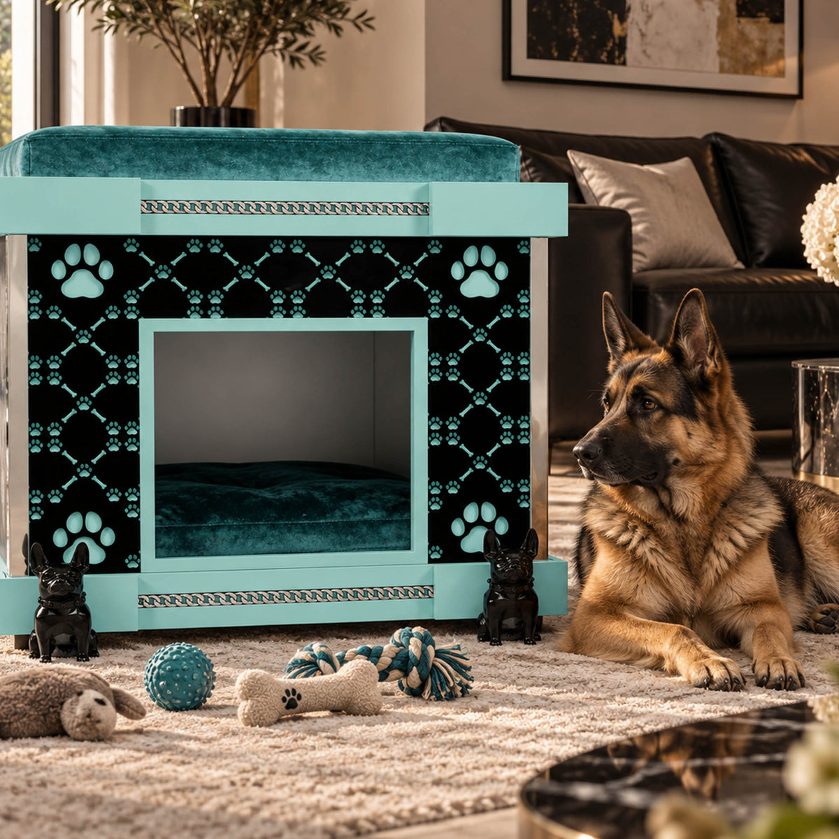 A turquoise and black patterned pet house with plush teal bedding is shown in a living room next to a German Shepherd dog. The house features decorative black side panels with teal paw prints and a geometric trellis pattern, small black dog statues on the front corners, and a teal cushion on top.