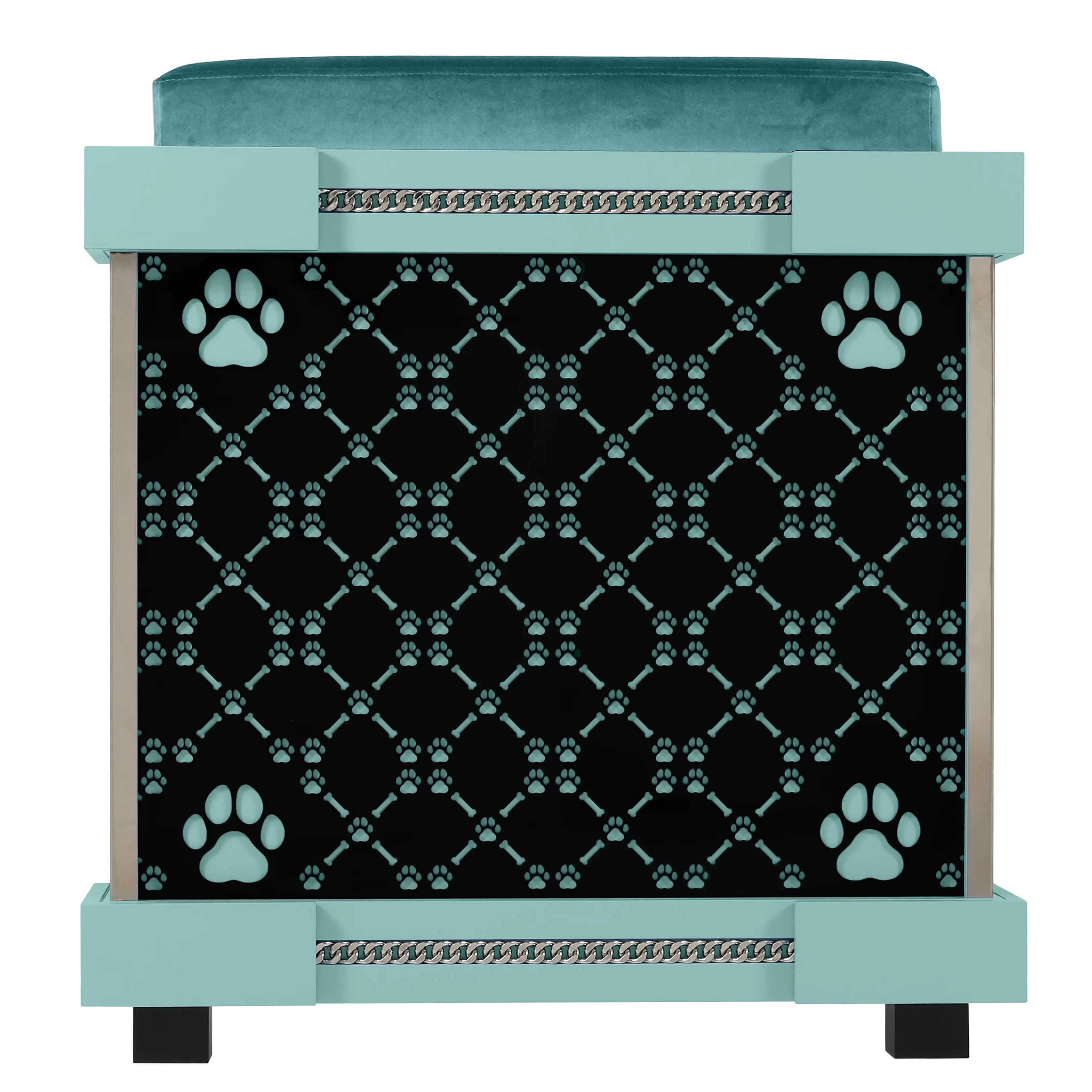 Rear view of The Captain Medium pet kennel house showcasing signature patterned walls.