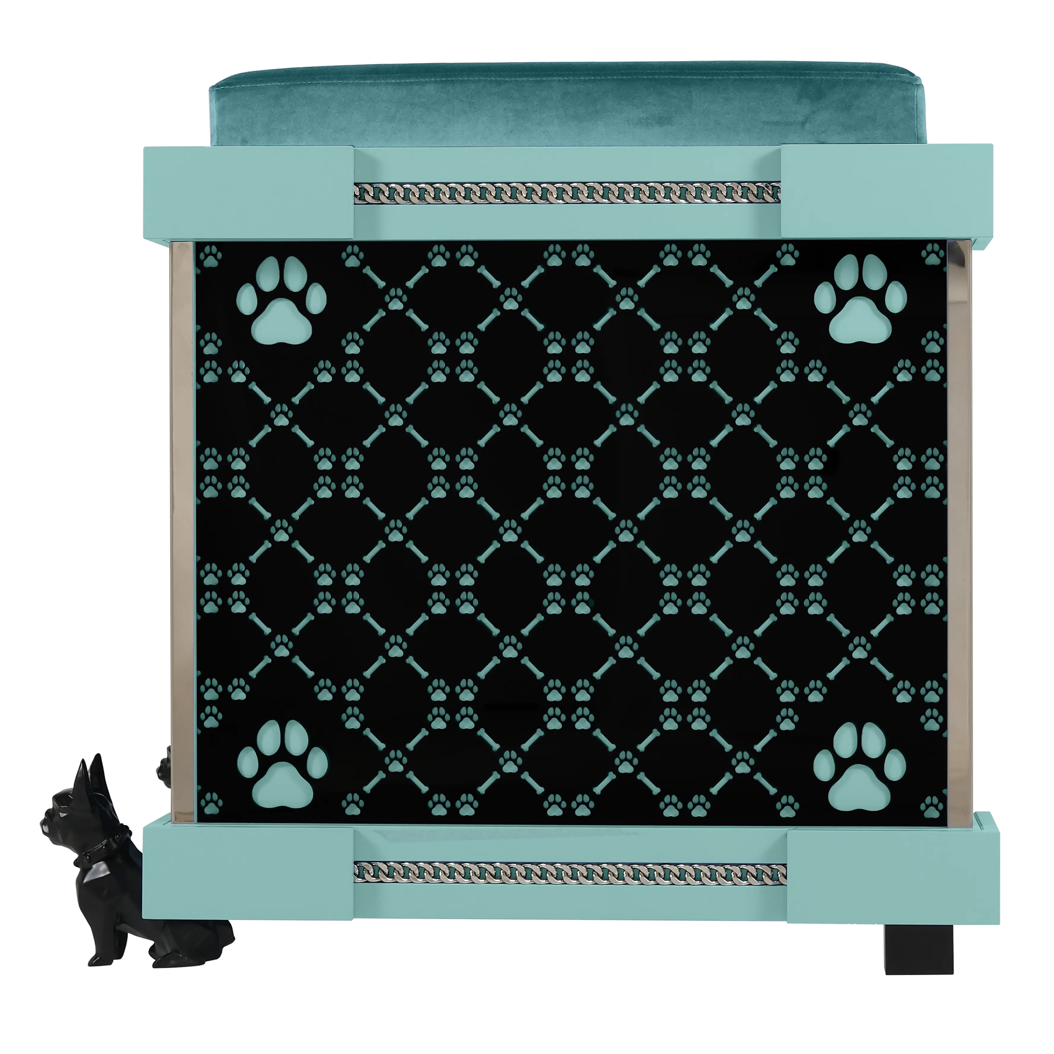 "Modern elegance FUROAR signature pattern on an x-large Puppy Play Royal Palace kennel for fashion icon pets."