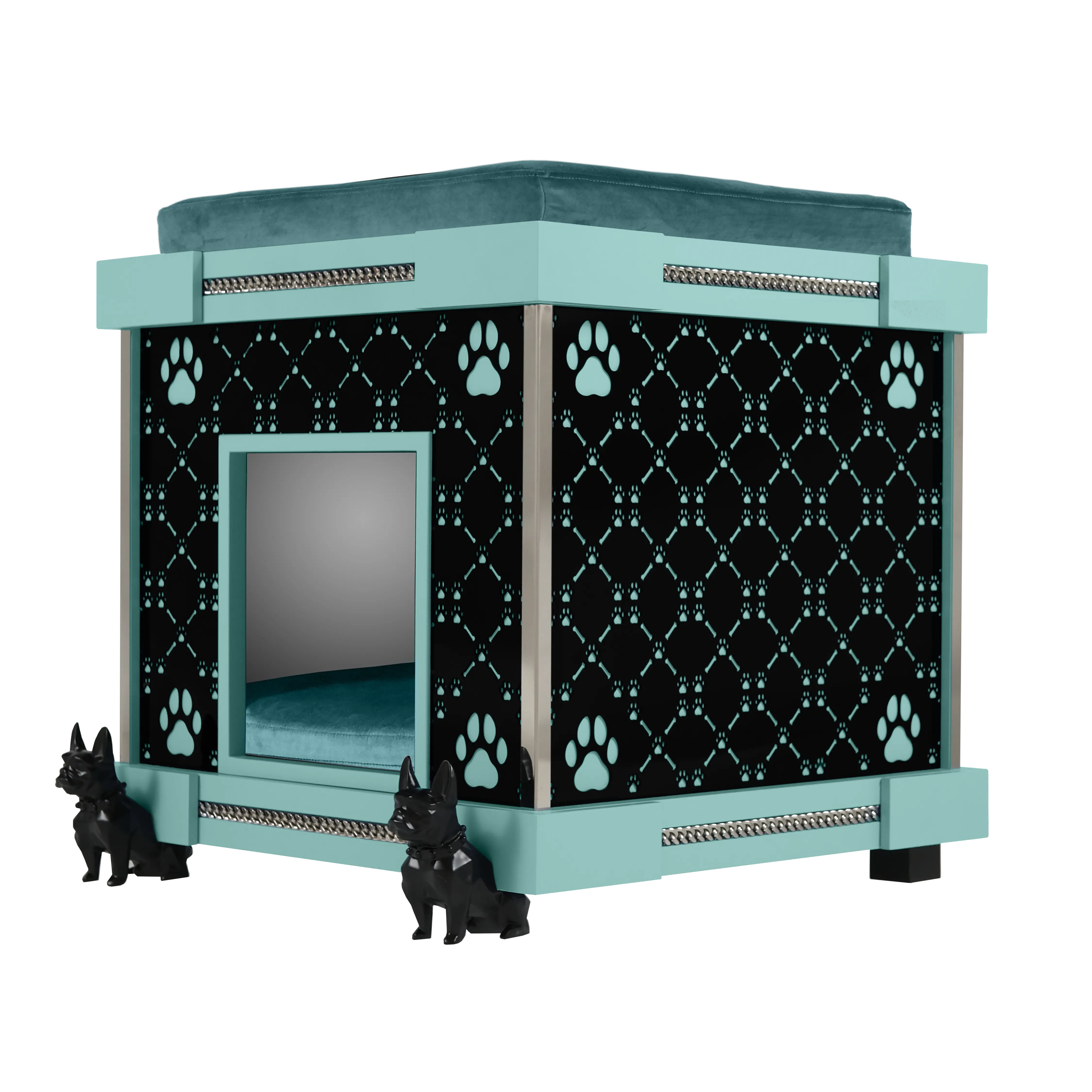 "Side profile of the Captain Royal Palace kennel; an x-large designer piece of modern elegance that dogs love."