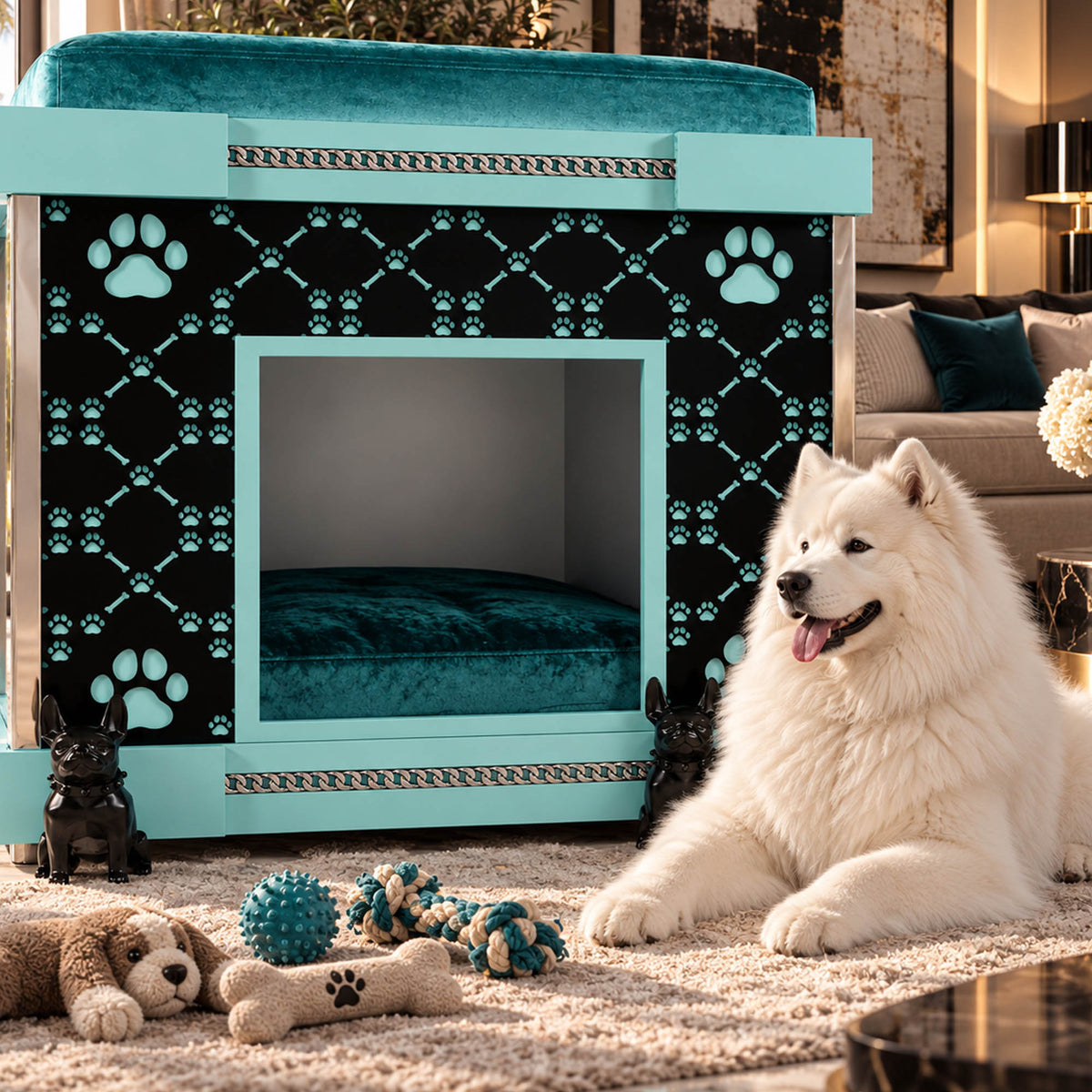 A white fluffy dog lies on a beige rug next to a turquoise and black patterned pet bed in a living room setting. The pet bed features a black front panel with turquoise paw prints and a geometric pattern, a turquoise velvet top, and a matching turquoise cushion inside.
