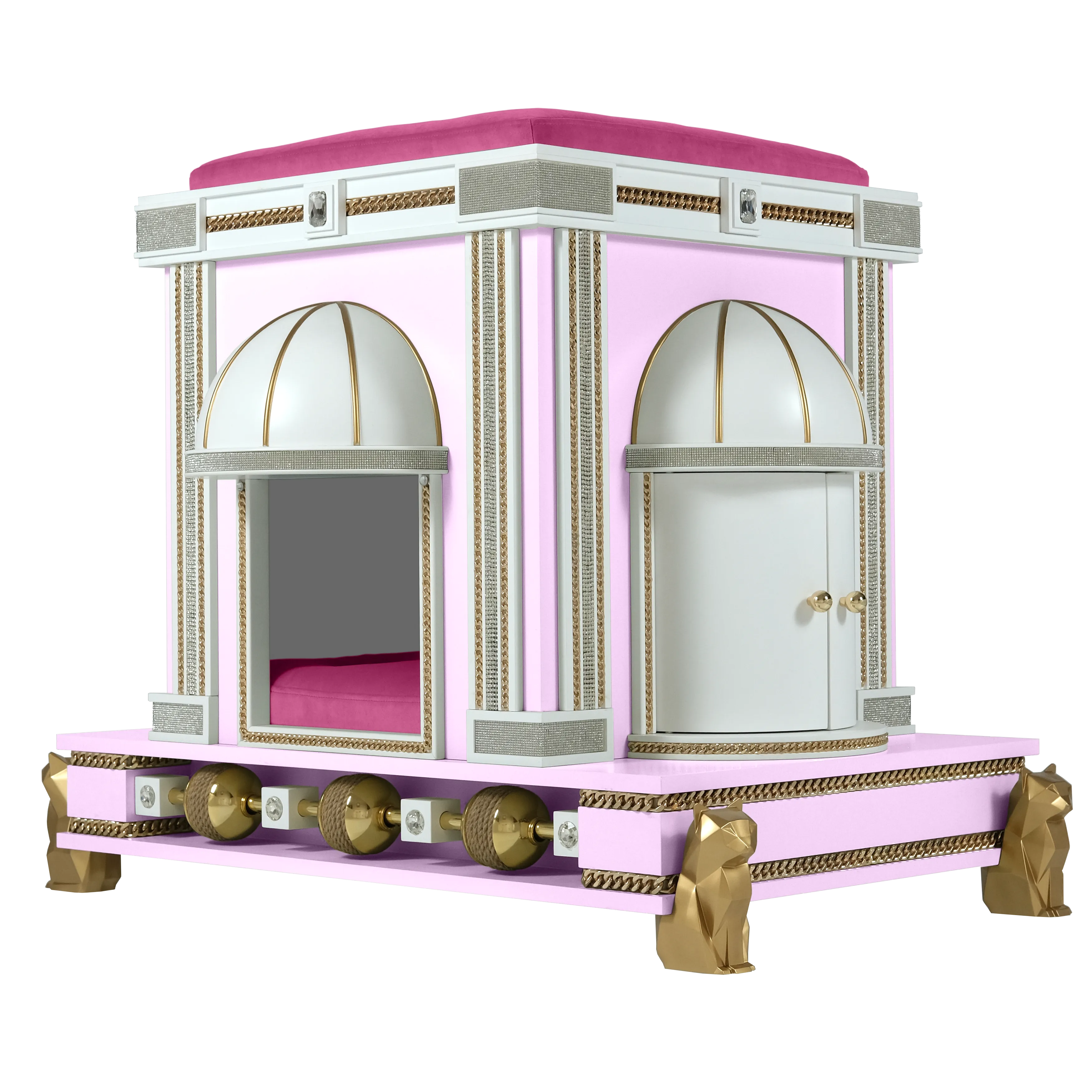 Side profile of the Charlotte modern designer cat house showcasing romantic classical columns and a cute pet palace aesthetic.