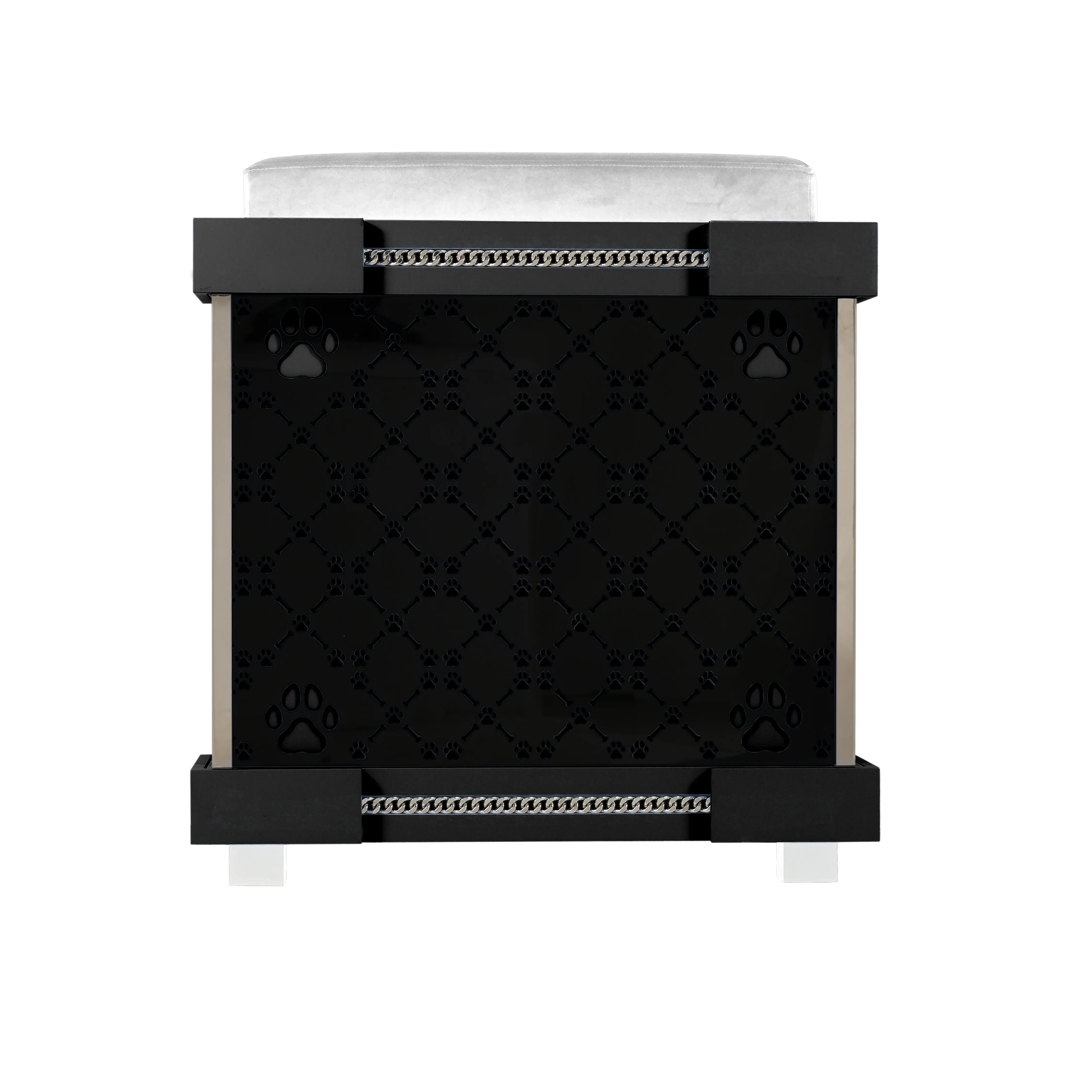 Rear view of the Coco puppy kennel house showcasing the signature patterned walls.