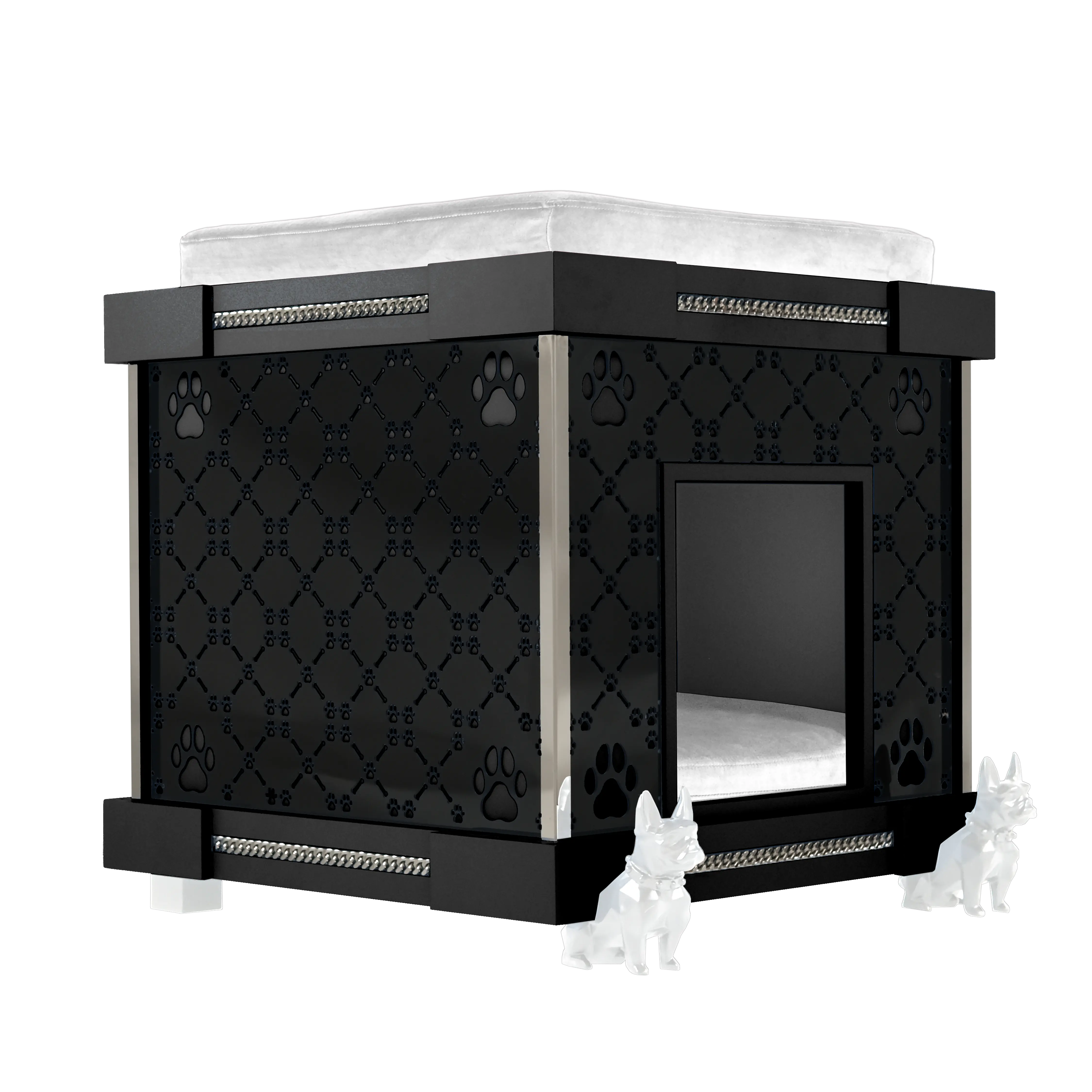 "Spacious modern designer kennel interior for a fashionable pet featuring a plush velvet bed and steel frame."