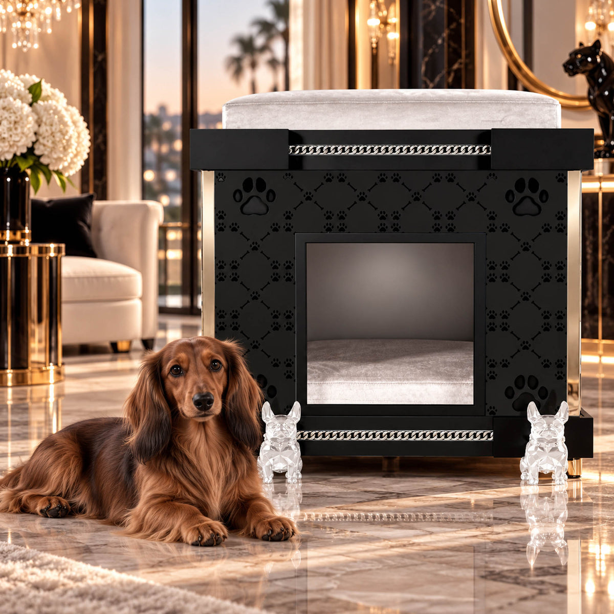 A black luxury dog crate with a white cushioned bed and decorative paw-print pattern, shown in a high-end modern living room with a brown dachshund lying on the marble floor in front.