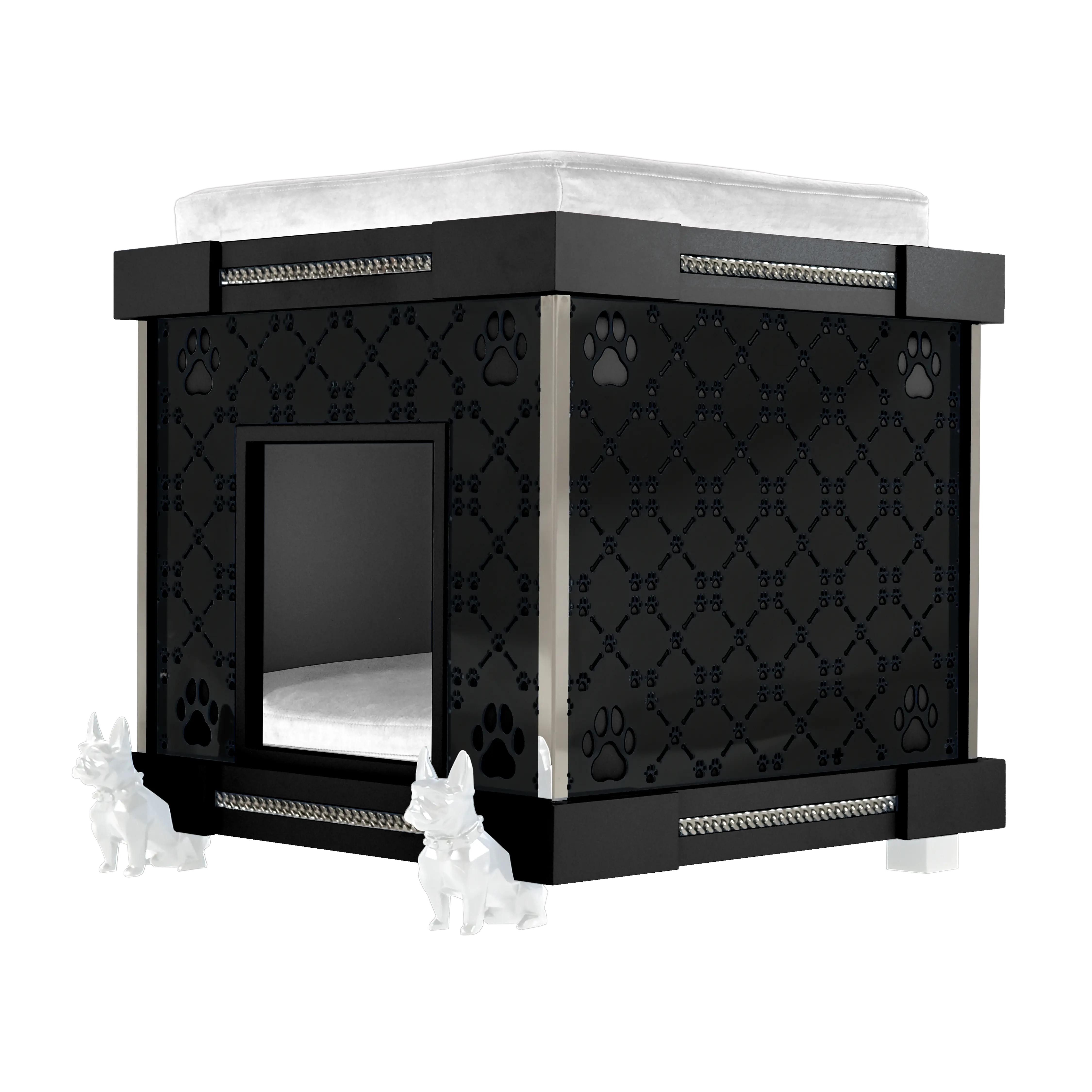 Side view of the Coco Premier Executive indoor pet kennel house featuring white casters.