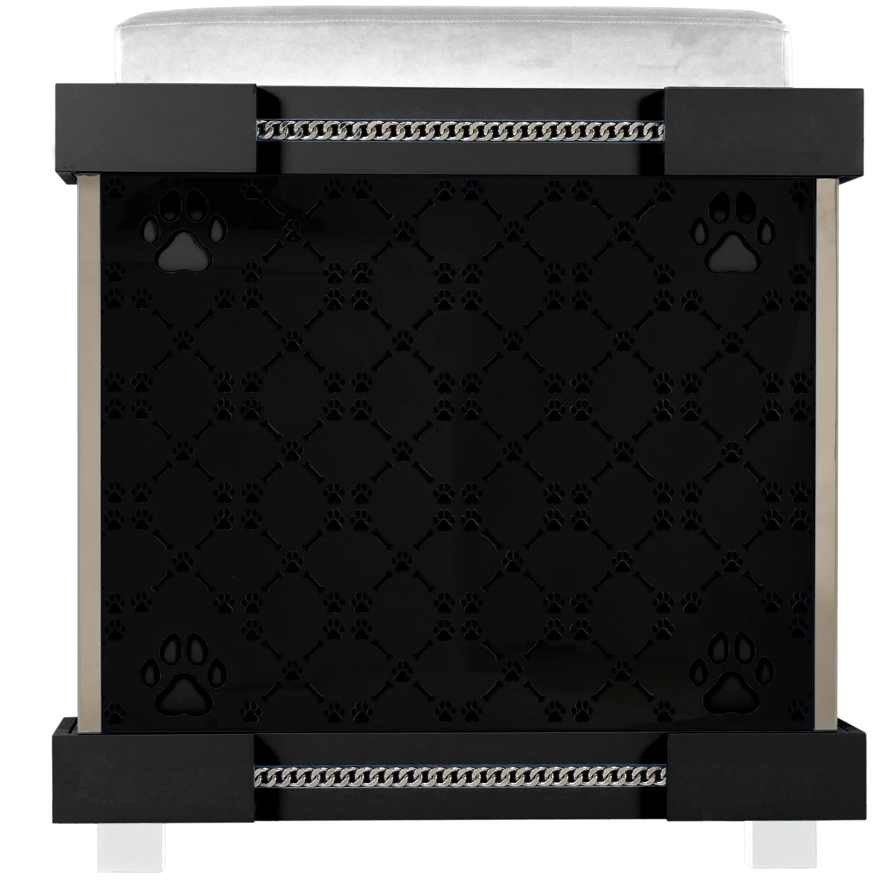 Rear view of the Coco Premier Medium pet kennel house showcasing signature patterned walls.